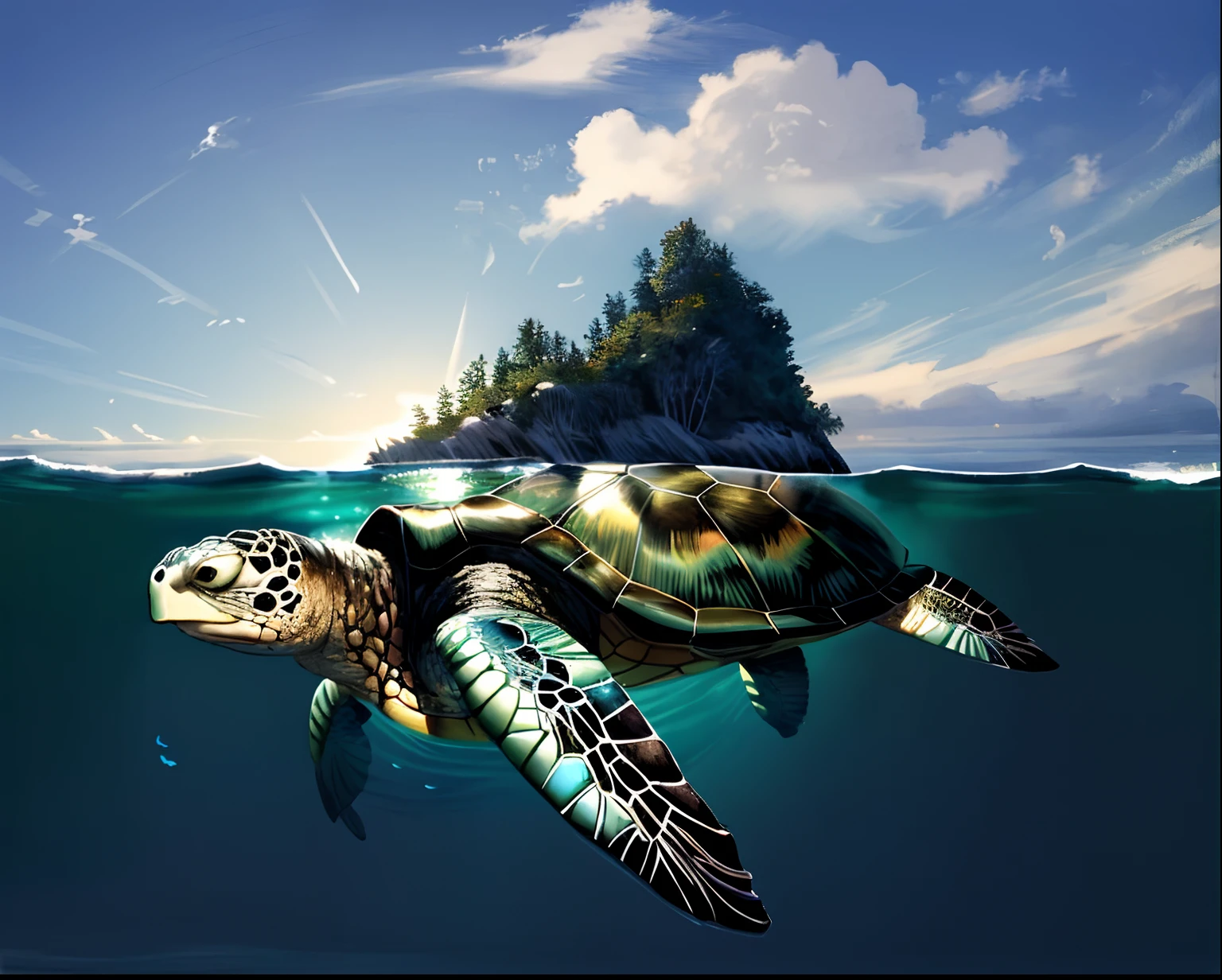painting of a turtle swimming in the ocean with a island on its back, world-bearing turtle, great a'tuin, turtle, half turtle, great leviathan turtle, the mock turtle, mitch mcconnell as a turtle, anthropomorphic turtle, turtle. pacific northwest coast, by John Luke, highly detailed painting, as an anthropomorphic turtle