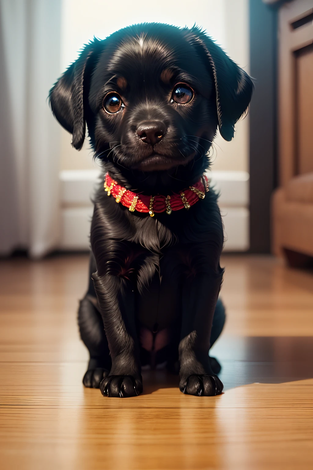 A super cute Pixar-style black little Labrador,Sparkling little furry Labrador,big bright eyes,Wear a Chinese red knit sweater,ssmile,delicated,fairytale-like,pixar-style,Bright colors,Natural light,Simple solid color background,opulent,ultra-wide-angle,8K high-definition