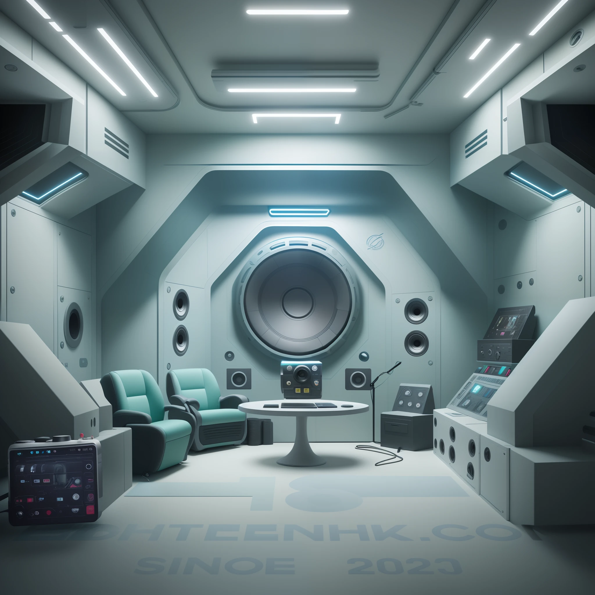 (Futuristic-themed studio backstage, Mimicking the interior of a spaceship) inside ((backrooms)),A futuristic photo studio that mimics the interior of a spaceship, With floating camera, Minimalist background with LED display, Clear environment, predominant white color, With neo-punk details , Bring photography tools