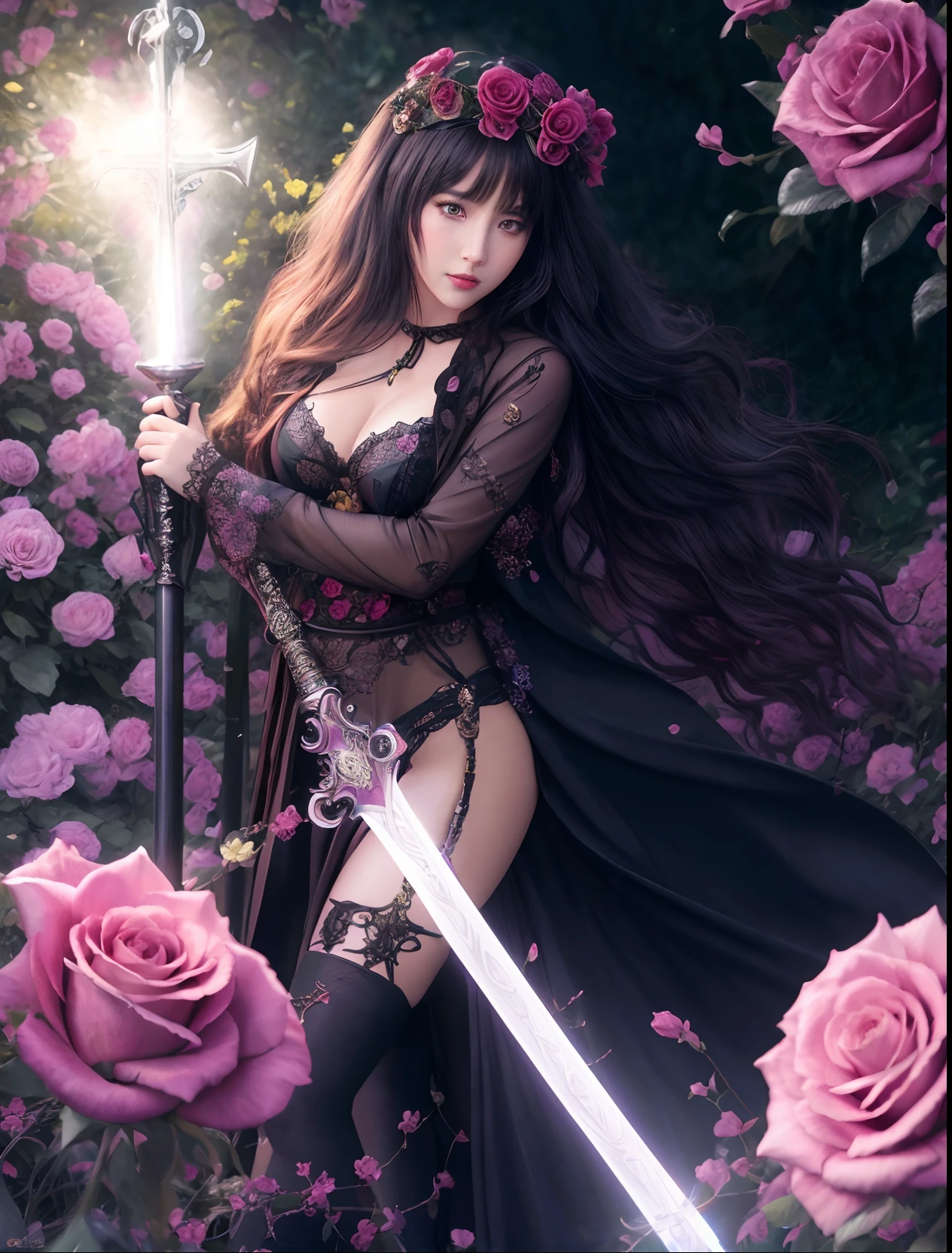 (((UHD))), (((masterpiece))), (((8k))), (((highres))), (((Surrealism))), (((cinematic lighting))), god rays, zoom layer, (((fullbody shot))), f/4.0, Canon, shiny skin,detailed skin,detailed face, detailed eyes, arafed woman in a black dress holding a sword in a garden of roses, dark fantasy style, she is the queen of black roses, 🌺 cgsociety, fantasy photoshoot, with large sword, inspired by Magali Villeneuve, fantasy beautiful, dark fantasy mixed with realism, digital fantasy art ), ethereal fantasy, beautiful fantasy maiden, fantasy art style, by Yang J