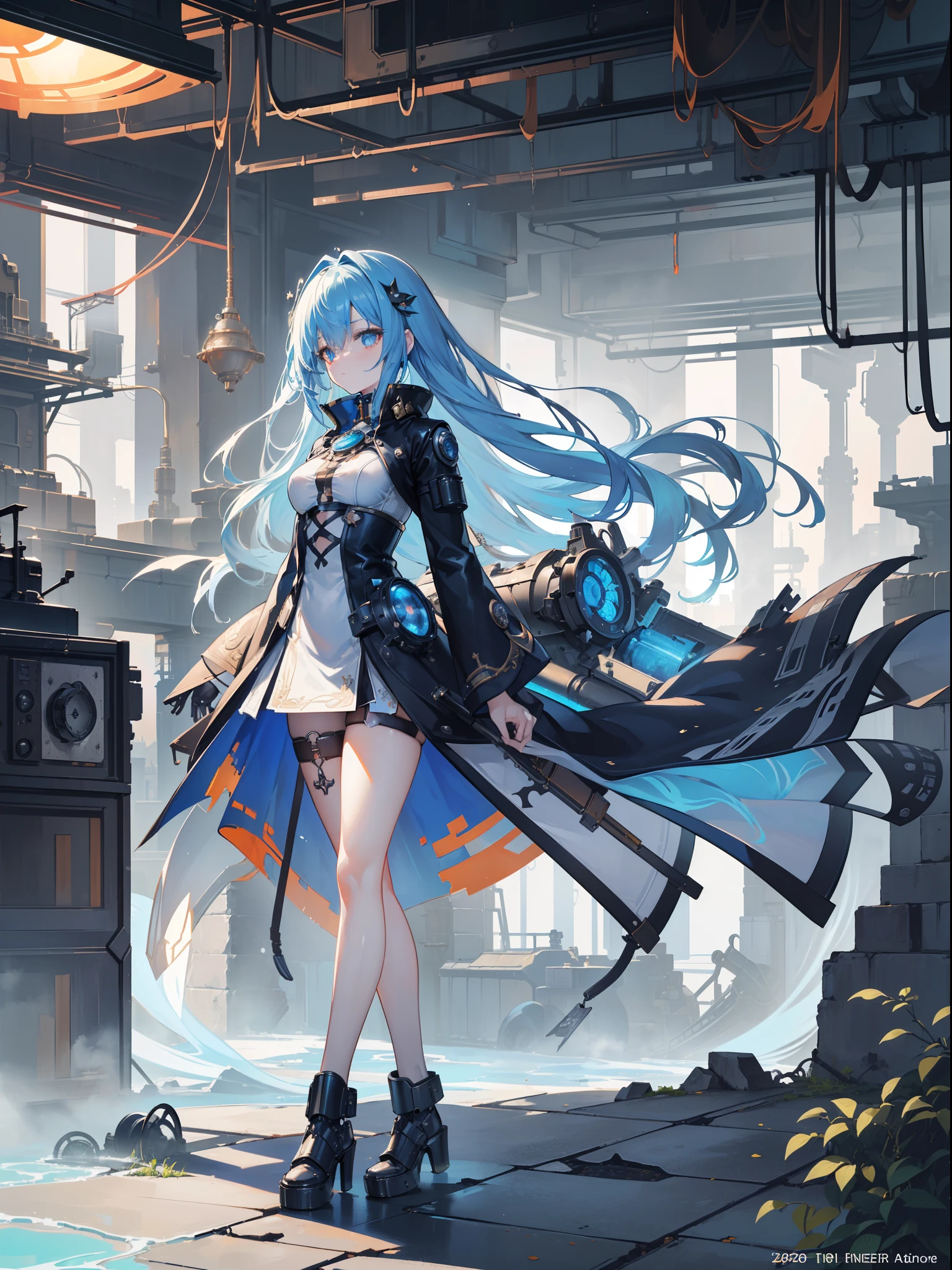masutepiece, Ultra High Resolution, Top resolution, Accurate rendering, Beautiful and smooth depiction, Overhead view, Very cute woman in anime style, Autumn makeup, Very beautiful eyes, Wearing a high-level dress in steampunk style, Costume with built-in water cooling mechanism, Blue straight hair, ((Intricately designed piping and gear, Sky blue leather coat adorned with countless gears and chronometers, Full body, Abundant steam, by lake)), zoomout, high sky, Galaxy Images, Perspective, ((Faint smile)), Countless luminous drawings, (((A retro European-style industrial city surrounded by rugged valleys, Countless factories, An industrial city built with countless gears and pipes, Bright city decorated with nixie lights, Steam overflow, Spatial expanse, Sunlight is covered with steam, Random structure))), (((collapse, radiant light, Splash expression))), Cleanly rendered, Smooth Rendering, Detailed rendering, ink drops, Anticipation of destruction,