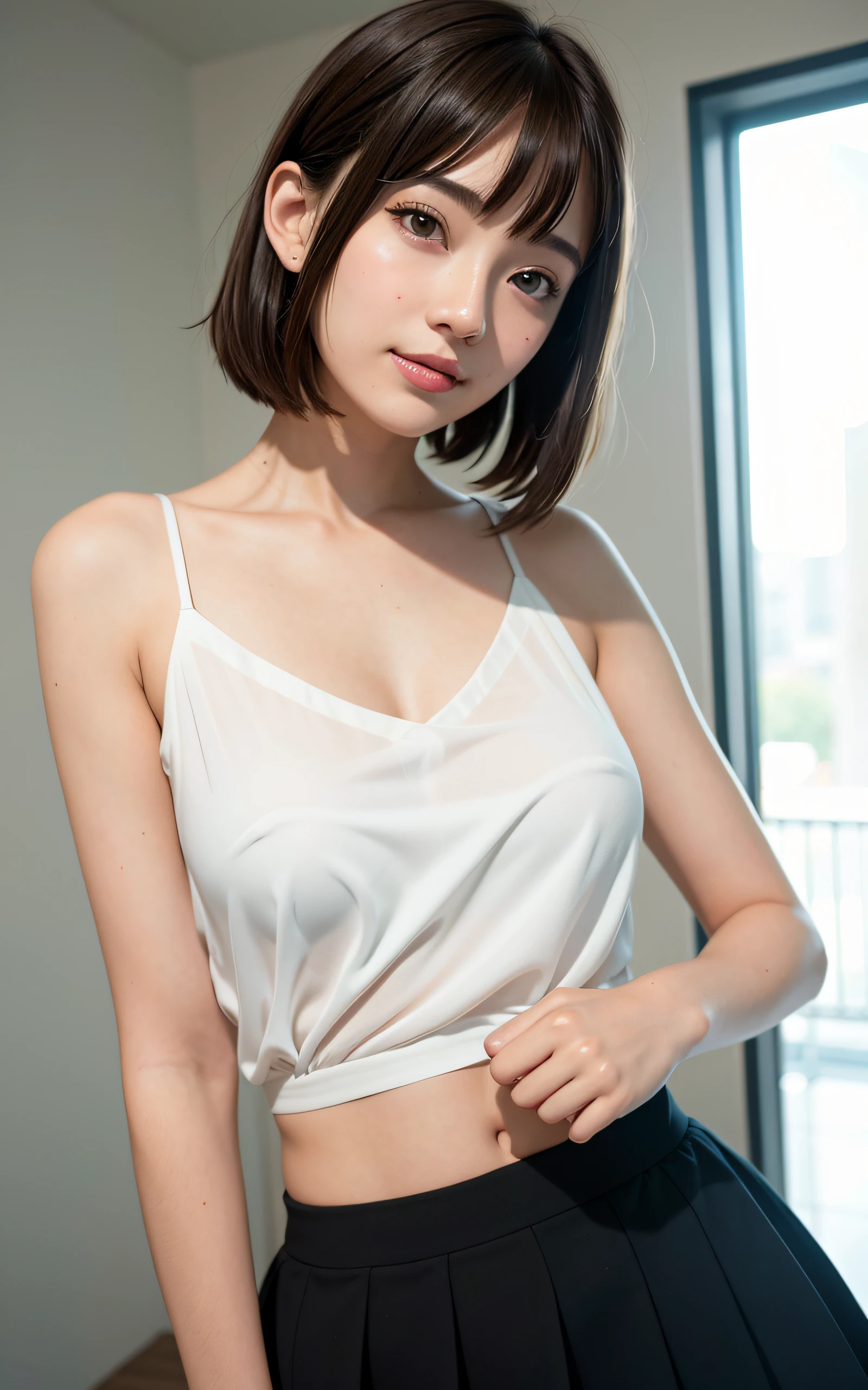 masutepiece, Best Quality, 8K, 16 yo, Large breasts, Raw photo, Professional Photography, Portrait, Soft light, Professional Lighting, Solo, Smile, close up, Face, close up, Cute, Girly, Goddess, Delicate girl, Neat and clean beauty, Upper body, Digital SLR, Looking away, Candid, Sophisticated, Film grain, (Eyes and faces with detailed:1.0), Short hair swaying in the wind, Bangs, Silk blouse, Skirt, Indoor