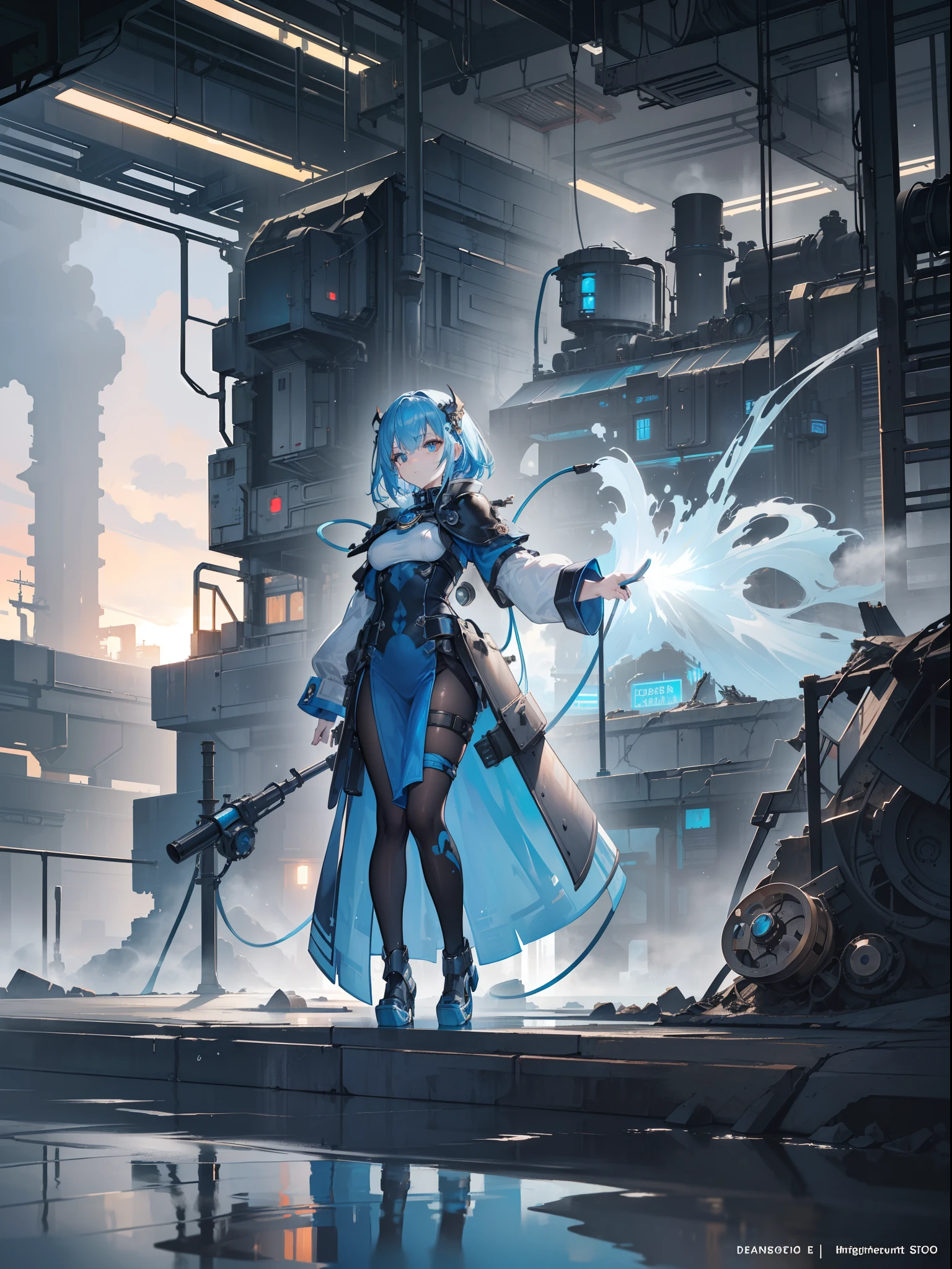 masutepiece, Ultra High Resolution, Top resolution, Accurate rendering, Beautiful and smooth depiction, Overhead view, Very cute woman in anime style, Autumn makeup, Very beautiful eyes, Wearing a high-level dress in steampunk style, Costume with built-in water cooling mechanism, Blue straight hair, ((Intricately designed piping and gear, Sky blue leather coat adorned with countless gears and chronometers, Full body, Abundant steam, by lake)), zoomout, high sky, Galaxy Images, Perspective, ((Faint smile)), Countless luminous drawings, (((A retro European-style industrial city surrounded by rugged valleys, Countless factories, An industrial city built with countless gears and pipes, Bright city decorated with nixie lights, Steam overflow, Spatial expanse, Sunlight is covered with steam, Random structure))), (((collapse, radiant light, Splash expression))), Cleanly rendered, Smooth Rendering, Detailed rendering, ink drops, Anticipation of destruction,