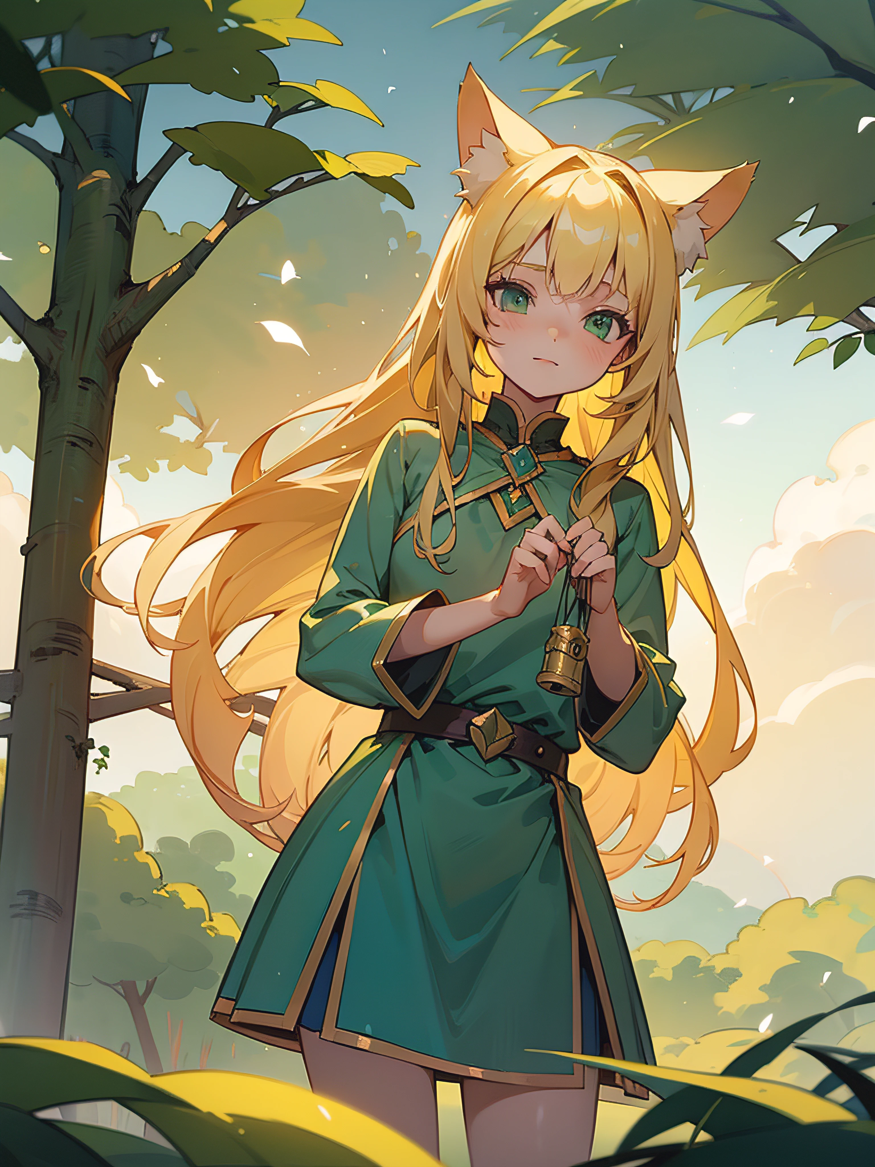 a girl, blond hair, green eyes, long-haired, Blonde Cat Eared Girl, Dawn Hair, Cheerful Girl, age is 18 years old, Mage's costume, sorceress, Fantasy series, Love Magic, Enchantment, Obsessed