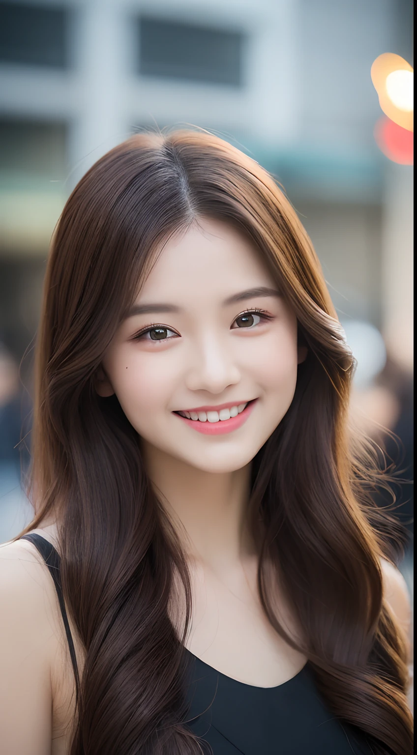 ((Best quality, 8k, Masterpiece :1.3)), 1girl, smiling, full body, thin face, Pretty woman, (Dark brown hair), long dress :1.1, Ultra-detailed face, Detailed eyes, Double eyelid, blurred background, thin face, city, outdoors, street,