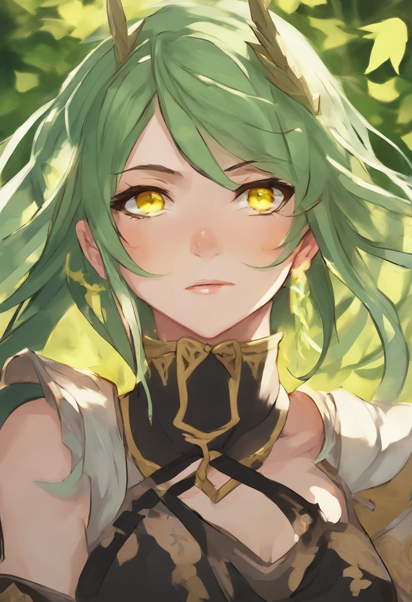 Anime girl ninja with green hair and yellow eyes