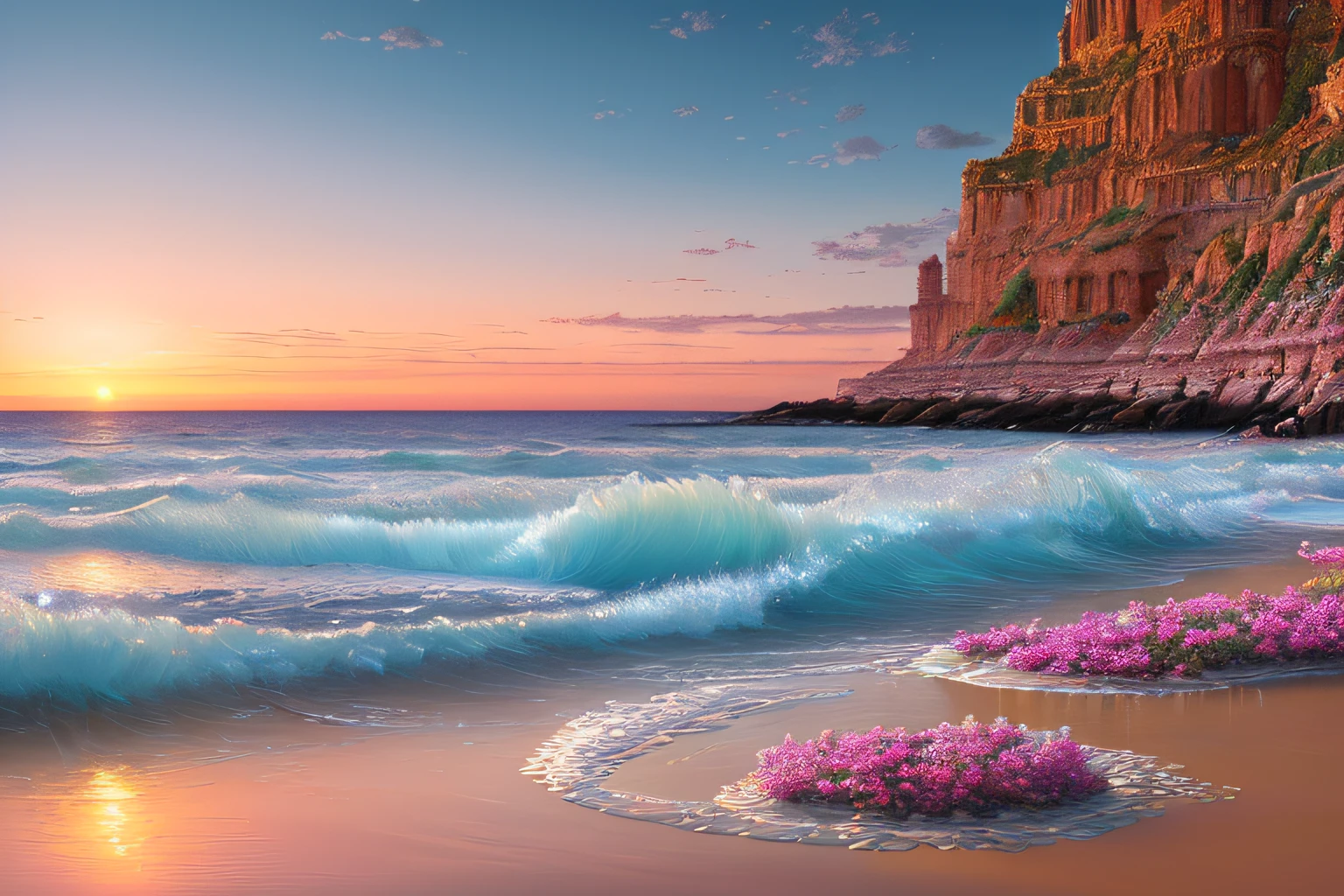 paysage mer, Eau,coucher du soleil,fleurs,(Highly detailed CG Unit 8k wallpaper), The most beautiful work of art in the world, Professional majestic oil painting, complexe, High detail, mise au point nette, dramatique, Art of photorealist painting,