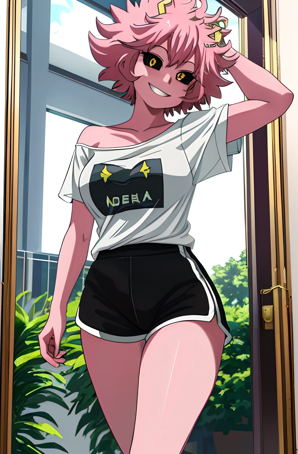 [mina ashido], [Boku no hero academia], ((masterpiece)), ((solo portrait)), ((cute)), ((High definition)), ((anime)), ((Kohei Horikoshi)), ((detailed shading)), ((intricate details)), {mina ashido; (pink skin), big round black eyes, yellow pupils, curly pink hair, short eyelashes, large boobs, beautiful legs), (excited smile), (white teeth), (blushing)}, {(pink off-shoulder tee shirt), black short shorts, (transparent thigh-highs), (defined leg muscles)}, {(walking), (looking at viewer), (arms above head)}, [Background; (living room), (window), (sun rays)]