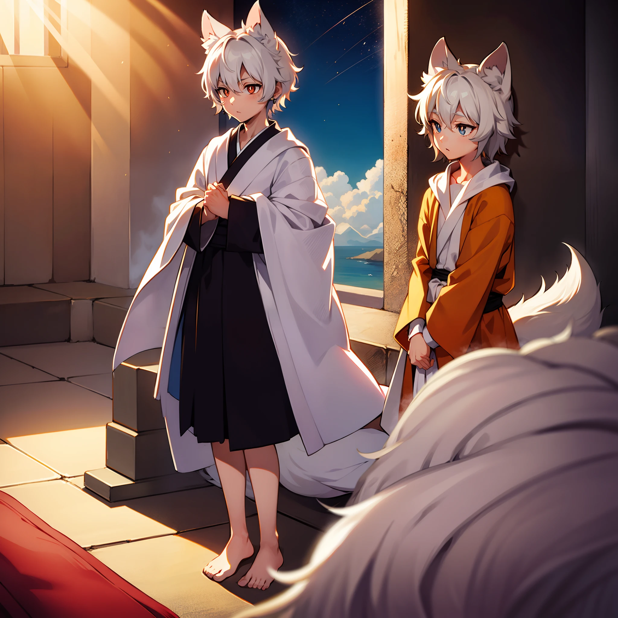 White-haired fox ears，Anime male，adolable，whaite hair，Microcurly hair at the ends，Bright eyes，The pupils are innocent and deep，slightly rounded face，Shotai Male，ar old，Plain robe，Beautiful background（rays of sunshine，Clouds，Skysky，rosy clouds），Gradient pupils，There are earrings，Fold your hands together in front of your chest，The expression is like devotion