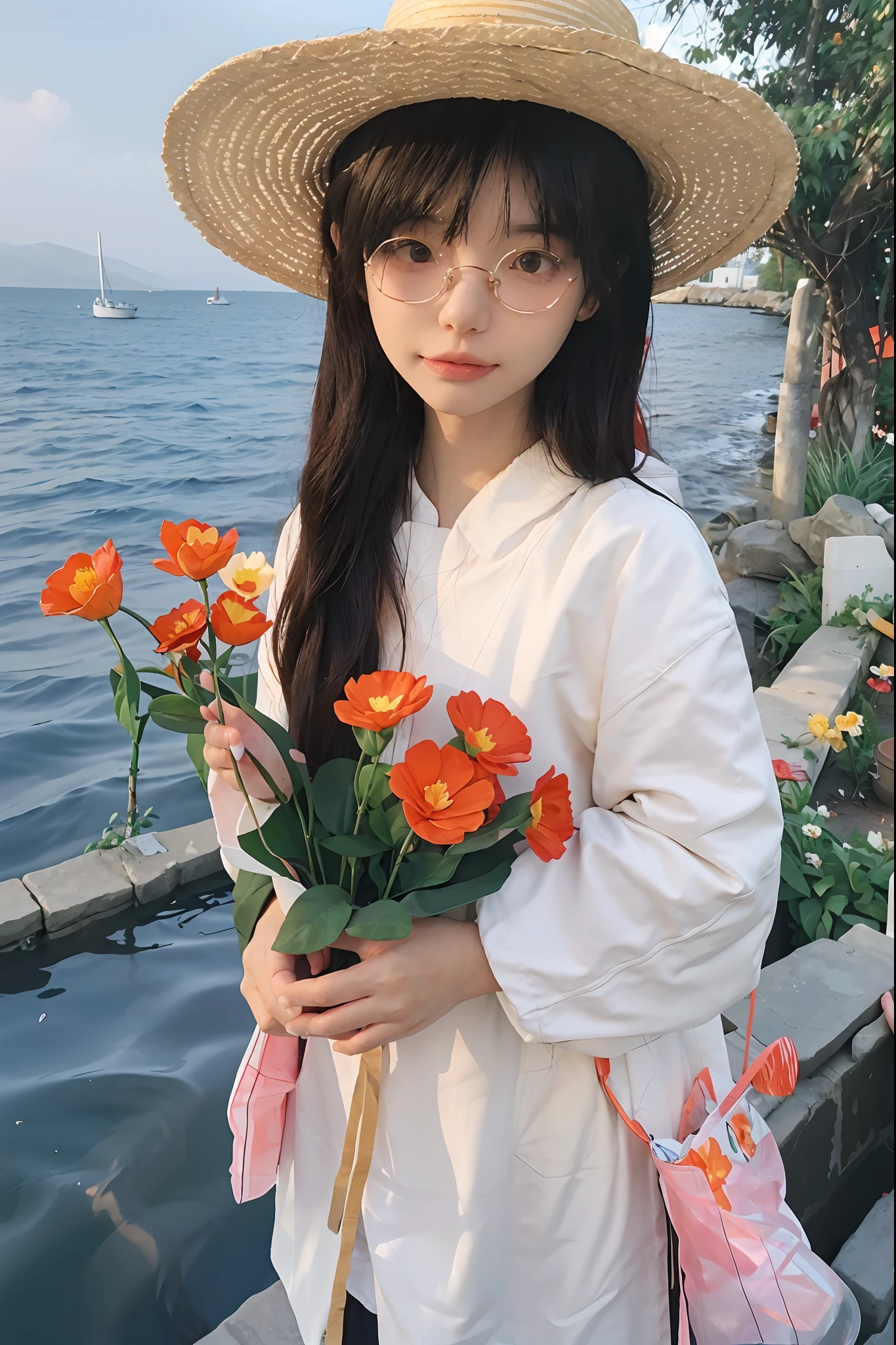 1girll, Solo, Extremely detailed eyes, starfish, seashell, shells, flower, Hat, hair adornments, jewelry, Straw hat, view the viewer, sunglasses, hatflower, drinking straw, hair pin, Earrings, Red flower, Colored glasses, yellowflower, bangs, English text, multicolored hair, orangeflower, Black hair, ring, Ccup, Long hair, orange-tinted eyewear, food, Brown hair, Portrait, shell hair ornament