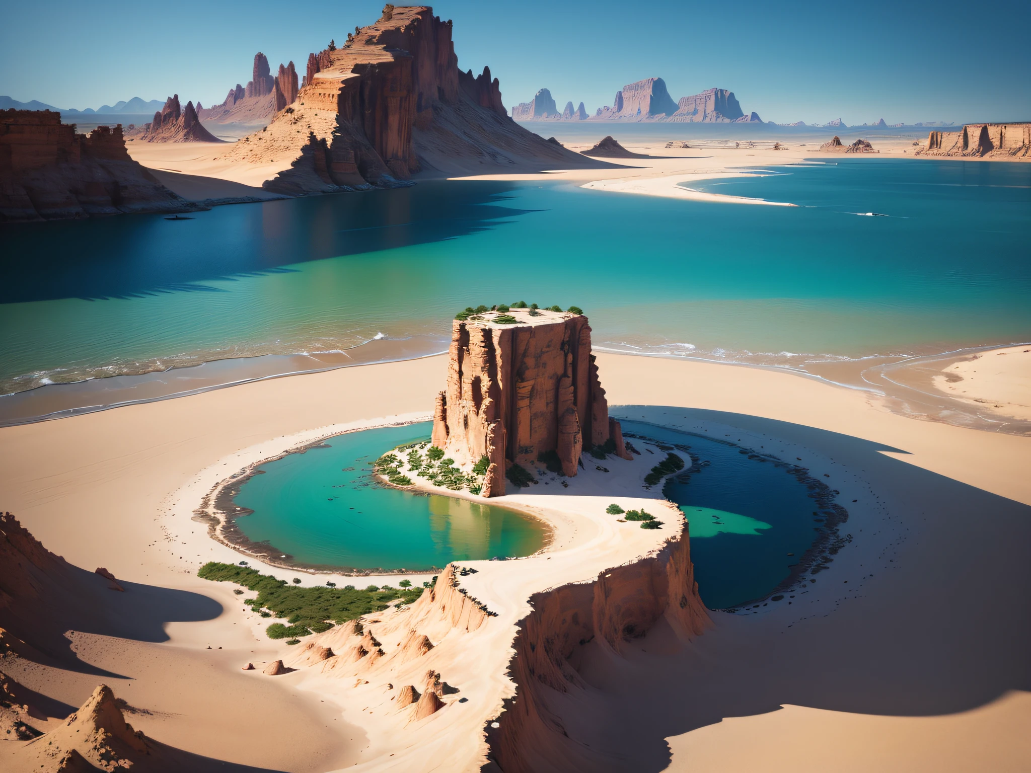 (best quality,4k,8k,highres,masterpiece:1.2),ultra-detailed,(realistic,photorealistic,photo-realistic: 1.37),desolate desert landscape,lush and vibrant paradise,orphaned palm trees standing tall,withered foliage,barren terrain,harsh sun rays,cracks in the dry earth,exquisite details in every leaf and petal,contrast between the lifeless and flourishing regions,seamless transition from desert to paradise,half-buried ruins of a forgotten civilization,sparkling blue ocean stretching to the horizon,faint sound of crashing waves,glowing sunlight illuminating the paradise,subtle shadows cast on the desert,hues of gold and blue dominating the scene,distant mountains providing a scenic backdrop,serenity and tranquility in the paradise,sharp textures and realistic details capturing every aspect of the landscape,artistic portrayal of the duality between desolation and beauty,portraying the contrast in colors and textures.