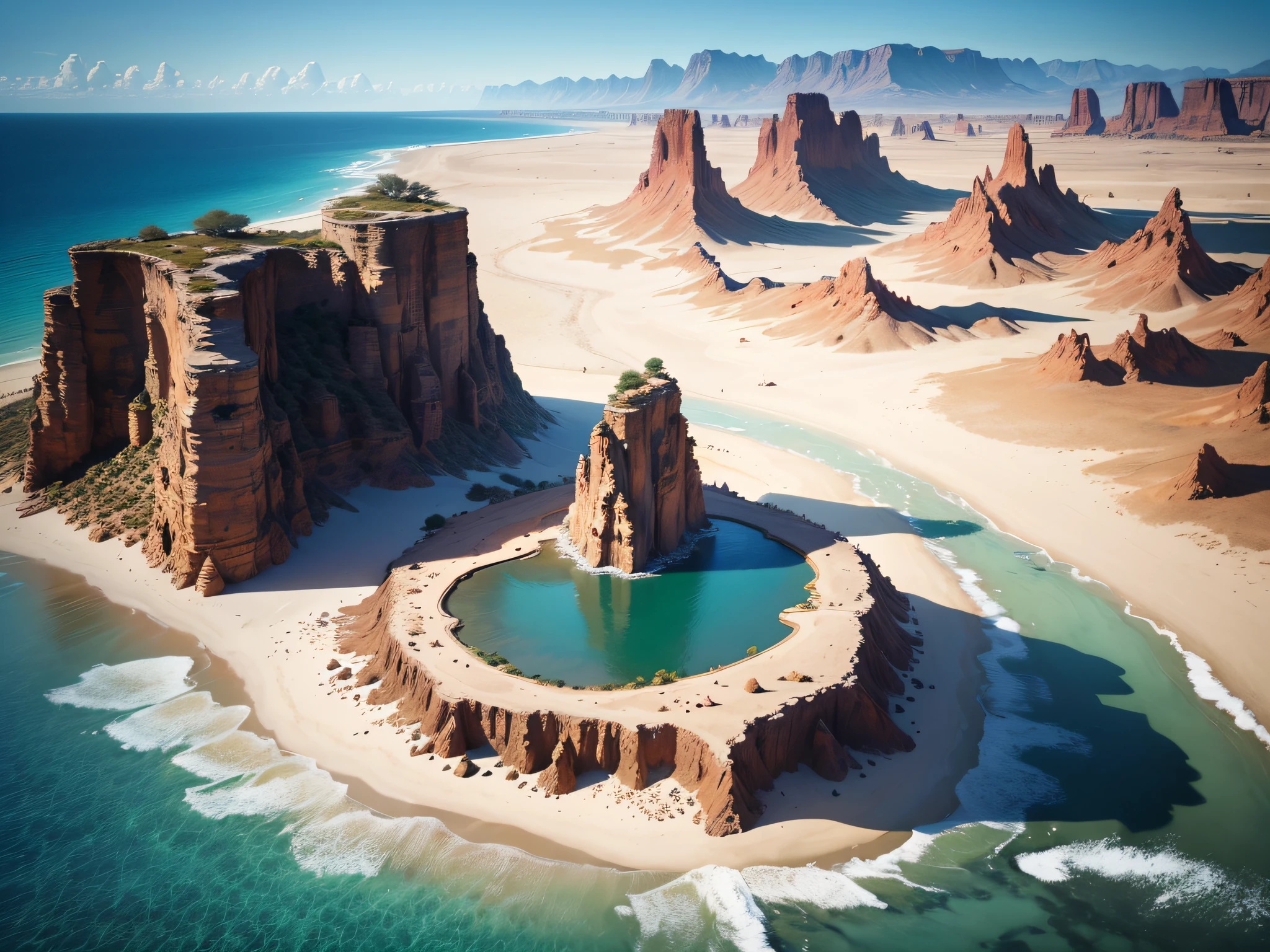 (best quality,4k,8k,highres,masterpiece:1.2),ultra-detailed,(realistic,photorealistic,photo-realistic: 1.37),desolate desert landscape,lush and vibrant paradise,orphaned palm trees standing tall,withered foliage,barren terrain,harsh sun rays,cracks in the dry earth,exquisite details in every leaf and petal,contrast between the lifeless and flourishing regions,seamless transition from desert to paradise,half-buried ruins of a forgotten civilization,sparkling blue ocean stretching to the horizon,faint sound of crashing waves,glowing sunlight illuminating the paradise,subtle shadows cast on the desert,hues of gold and blue dominating the scene,distant mountains providing a scenic backdrop,serenity and tranquility in the paradise,sharp textures and realistic details capturing every aspect of the landscape,artistic portrayal of the duality between desolation and beauty,portraying the contrast in colors and textures.