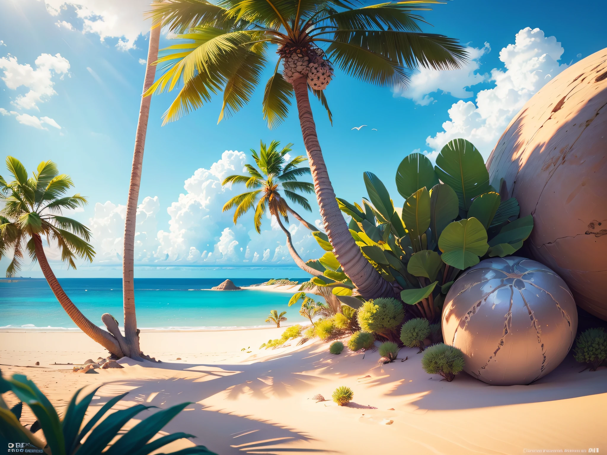 (desert island),sand,sunshine,crystal-clear water,palm trees,tropical birds,exotic plants,endless horizon,
(best quality,4k,8k,highres,masterpiece:1.2),ultra-detailed,(realistic,photorealistic,photo-realistic:1.37),
landscape,vivid colors,soft sunlight,serene atmosphere