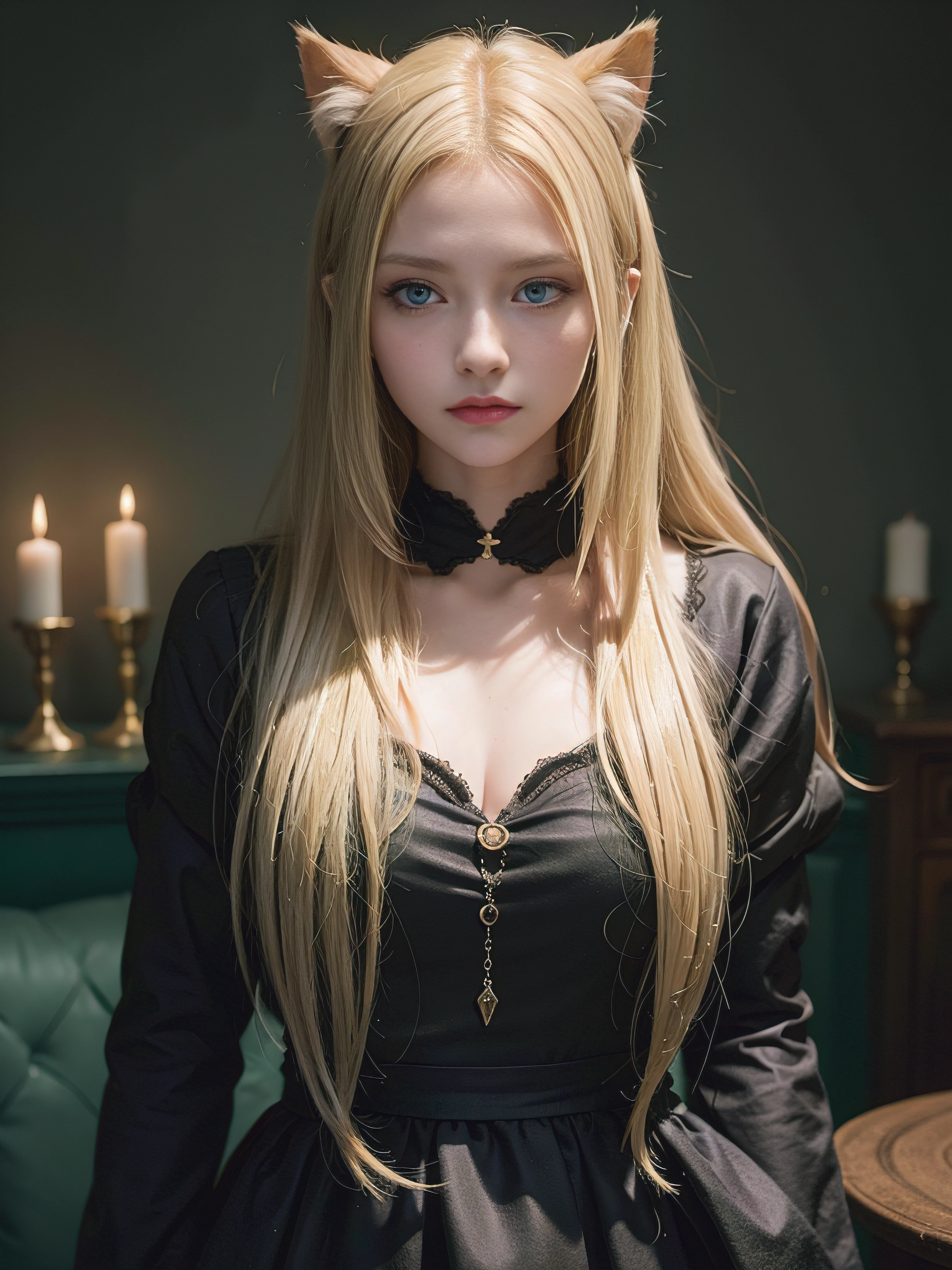 a girl, blond hair, green eyes, long-haired, Blonde Cat Eared Girl, Dawn Hair, Evil Fun Girl, age is 18 years old, evil witch, Fantasy series, Magic Love, fascination, be engrossed in, nighttime, dark