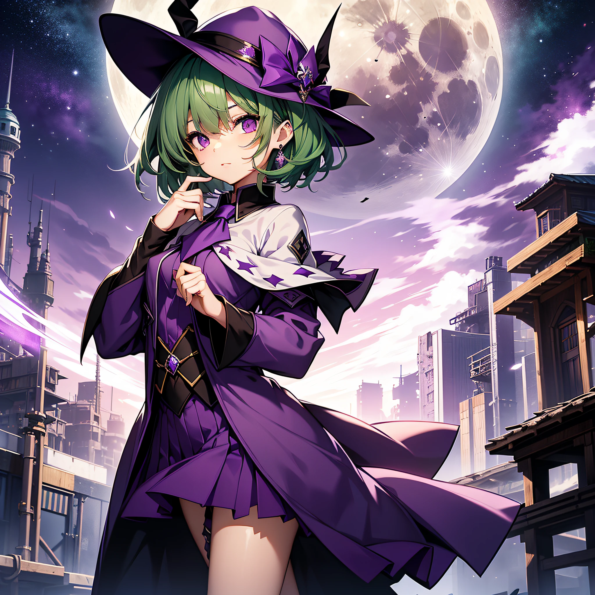 top-quality、extremely delicate and beautiful、(A age girl)、Purple Eye、Green hair、short-haired、(Purple pointy hat)、Purple tie、Soio、shortsleeves、Purple skirt、Purple Wizard Robe、Navel、is standing、Full moon night on background