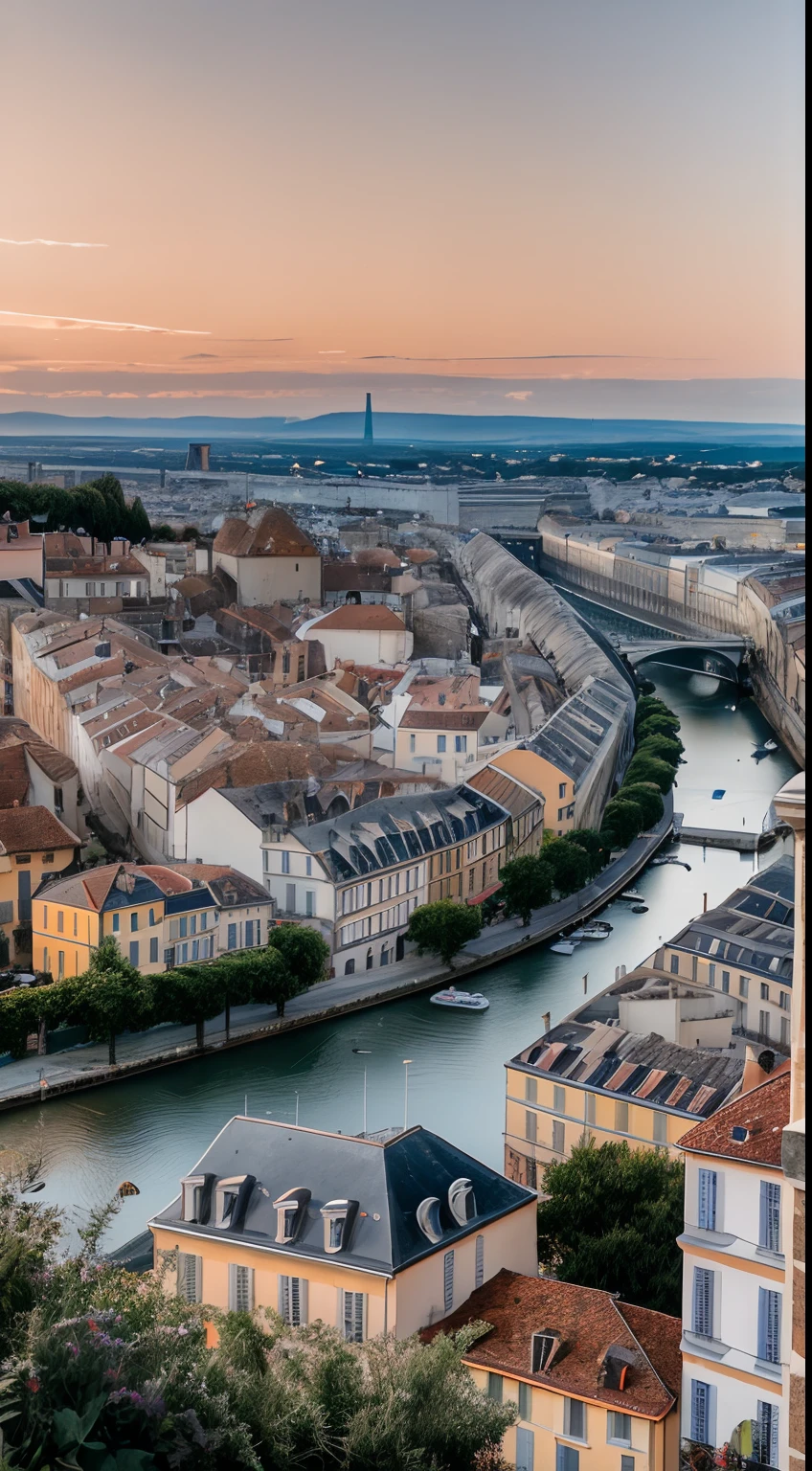 RAW photo of a landscape, small details, photorealistic, ultra-realistic photo, 8k uhd, dslr, soft lighting, high quality, film grain, Fujifilm XT3, (masterpiece), sunset, France city