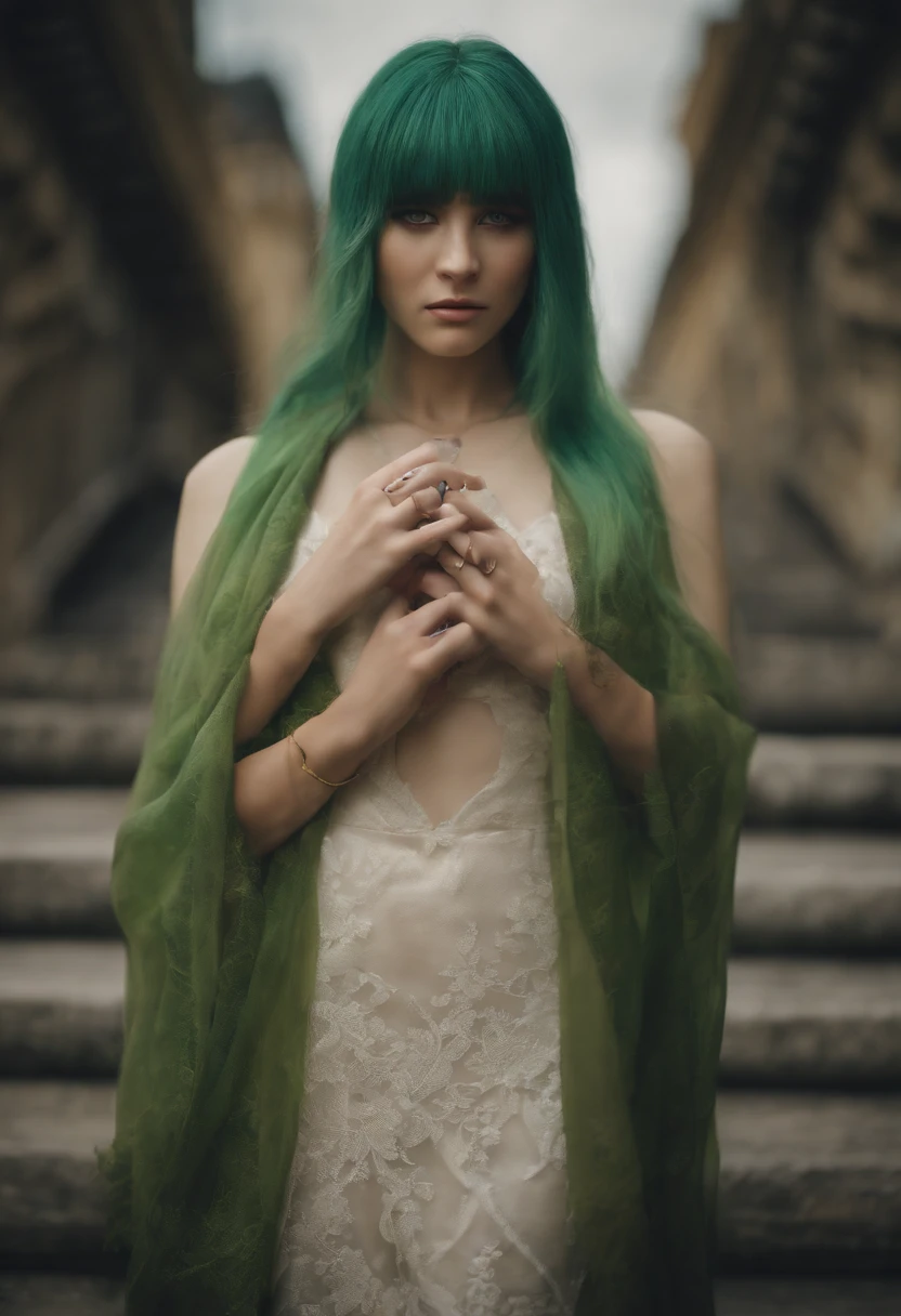 Anime Female With Green Hair and Yellow Eyes