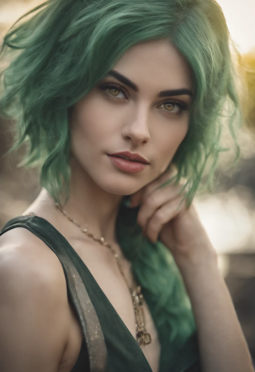 Anime Female With Green Hair and Yellow Eyes