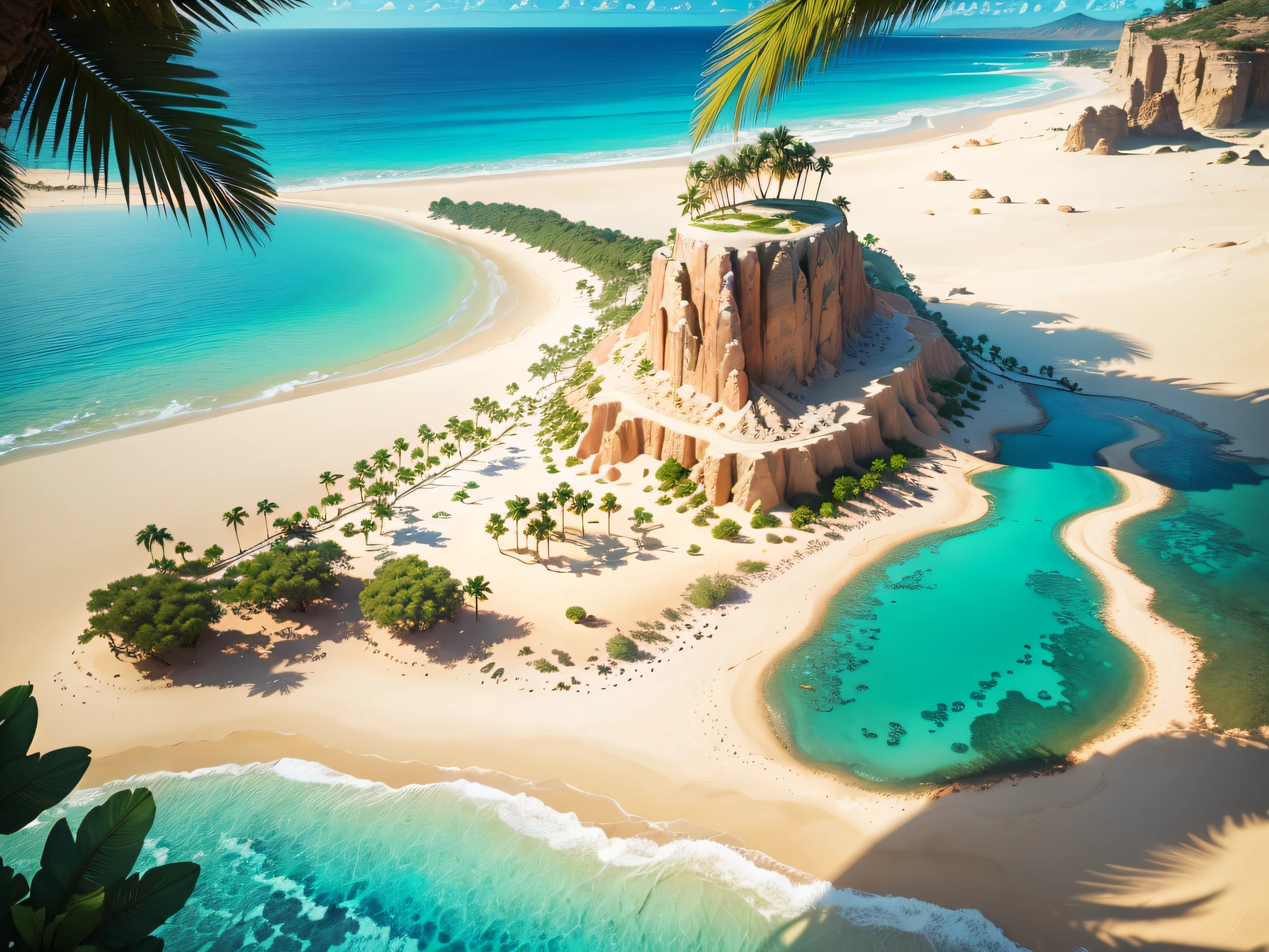 (desert island),sand,sunshine,crystal-clear water,palm trees,tropical birds,exotic plants,endless horizon,
(best quality,4k,8k,highres,masterpiece:1.2),ultra-detailed,(realistic,photorealistic,photo-realistic:1.37),
landscape,vivid colors,soft sunlight,serene atmosphere