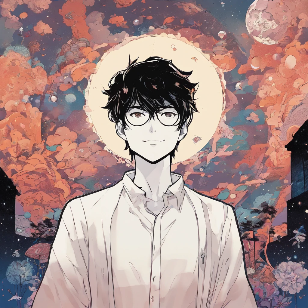 anime young boy standing in front of a Universe, inspired by Yamagata Hiro, inspired by Munakata Shikō, inspired by Okumura Masanobu, rin, inspired by Okumura Togyu, anime style”, shigenori soejima illustration,
