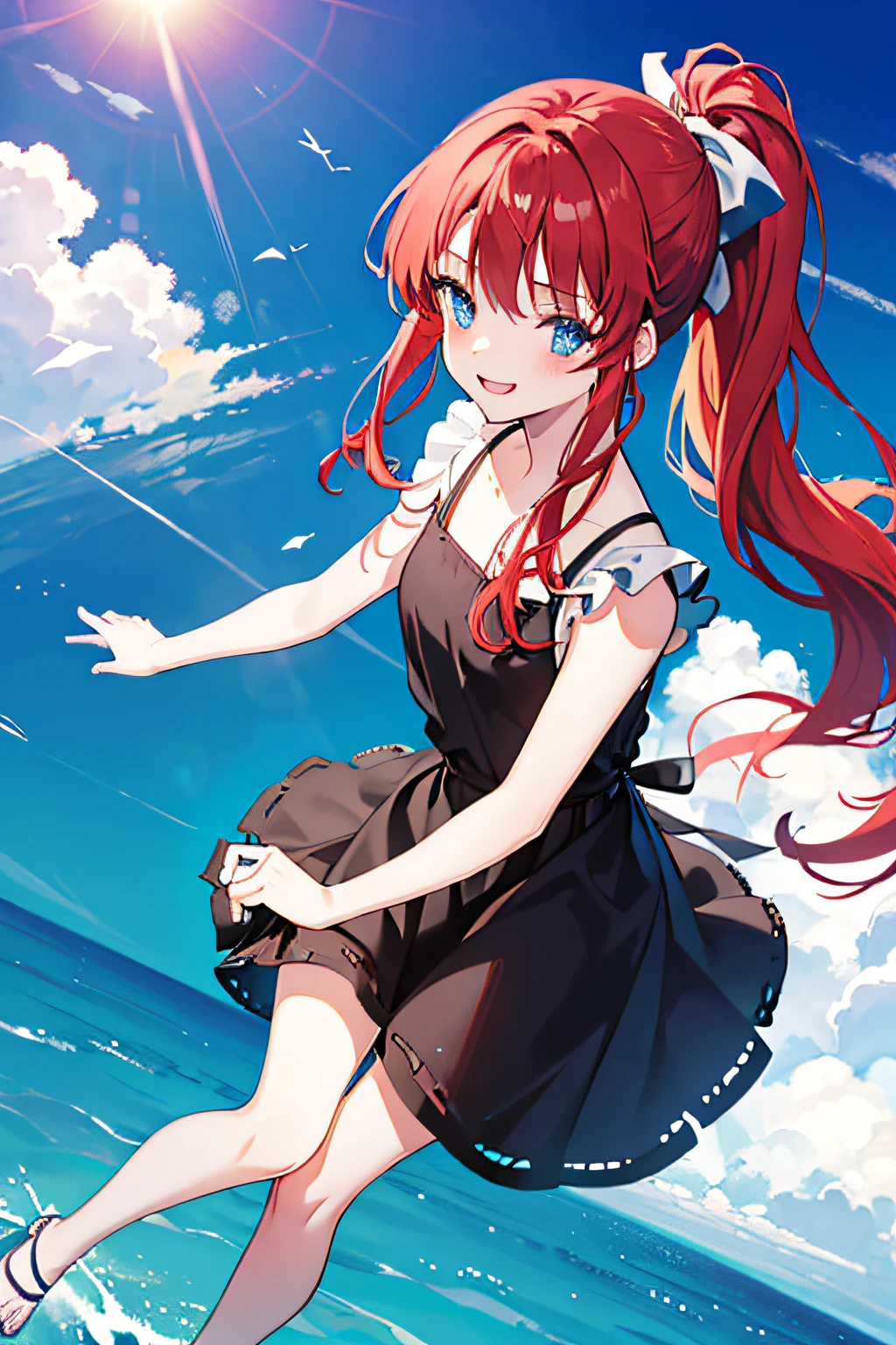 1girl, (young girl), red hair, long hair, (ponytail), upside ponytail, blue eyes, (wearing a black sundress), beautiful dress, ((flying in the sky)), ((flying in the above)), (with legs floating in the air), in the sky, (in the above), smiling, happy, blue sky, clear sky, the sun, many clouds, ((detail face)), holding a straw hat