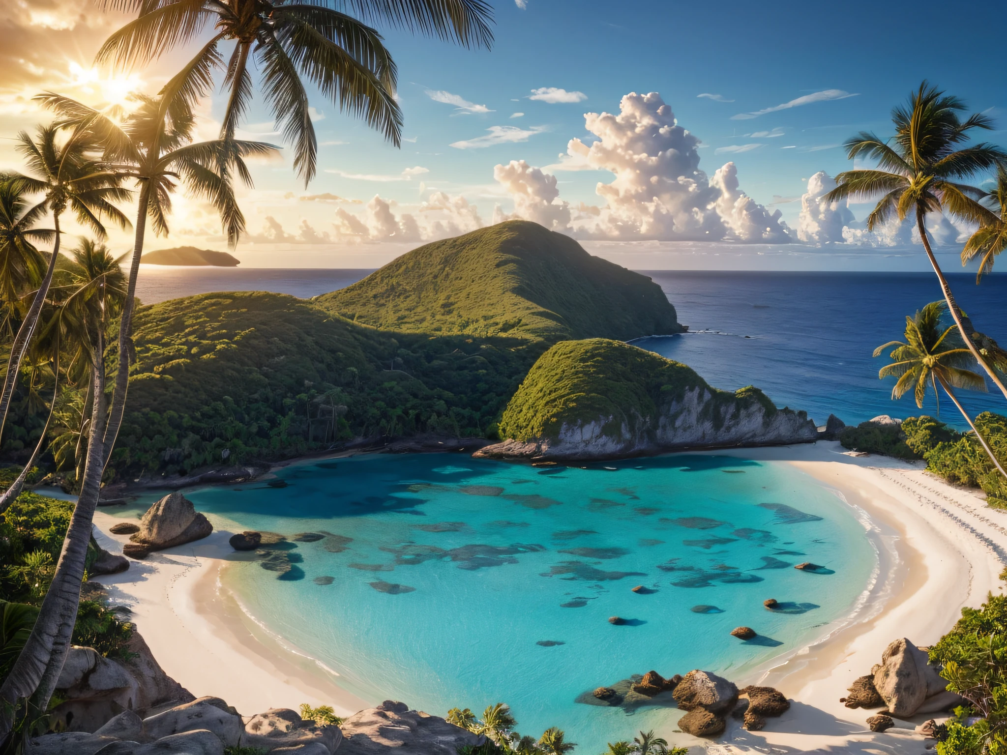 one half of island is sand, rock, arid, no trees, red fire, dark, cold air, best quality, ultra-detailed, realistic, vivid colors, studio lighting, HDR, 8k, masterpiece:1.2, the remaining half of the island, long luscious rainbow-colored sunshine, shining silver horn, beautiful butterfly wings, surrounded by blooming flowers, ethereal and magical atmosphere, fantasy art, dreamlike scenery, soft and warm color tones, (best quality, 4k, 8k,highest, masterpiece:1.2), ultra-detailed,(realistic, photorealistic, photo-realistic:1.37), HDR, UHD, studio lighting, ultra-fine painting, sharp focus, physically-based rendering, extreme detail description, professional, vivid colors, bokeh, wide angle shot , secluded, peaceful, tropical, serene, clear blue sky, crystal clear water, golden sand beach, swaying palm trees, coconut tree, seashells, coral reefs, sparkling ocean surface, lush green vegetation, rock formations, isolated paradise, island breeze, solitude, castaway, vibrant flora and fauna, uninhabited, untouched nature, tranquil waters, turquoise sea, gentle waves, luxuriant tropical rainforest, striking sunset, distant horizon, endless ocean, breathtaking beauty, natural serenity, arid landscape, desolate haven, pristine environment, natural escape, untamed beauty
