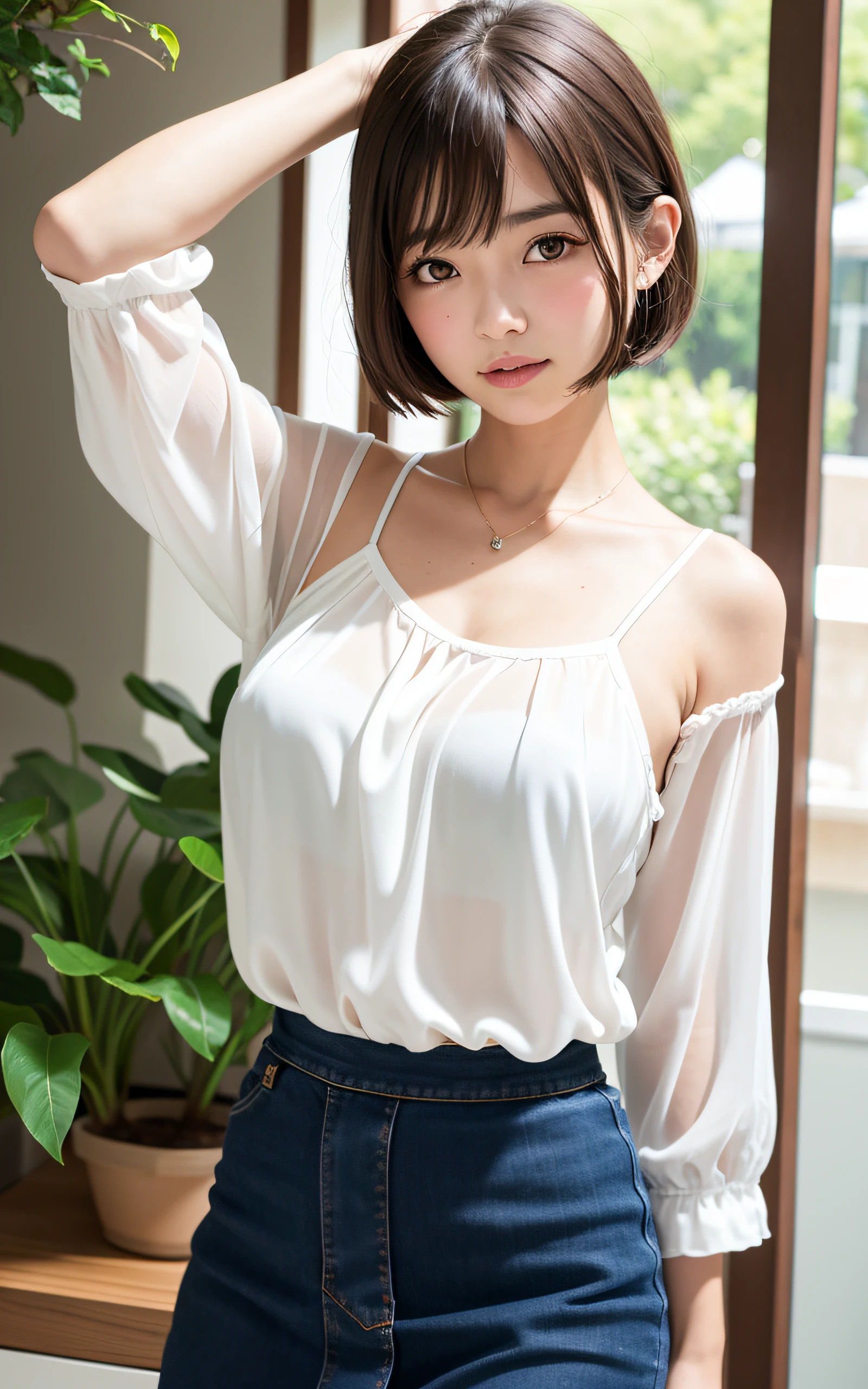(in 8K, top-quality, a masterpiece of:1.2), (realisitic, Photorealsitic:1.37), ultra-detailliert, small tits、Skinny face、de pele branca、A Japanese Lady,cute little, Suppin、Narrow slit eyes、Small eyes、Small, Narrow eyes、30-years old,独奏,Nasal blush、A smile、a closed mouth、tiny chest、Delicate body、Black eyes、beatiful detailed eyes、Single eyelid、poneyTail、A dark-haired 、short cut hair、fullllbody、Skinny Legs、see -through、White blouse