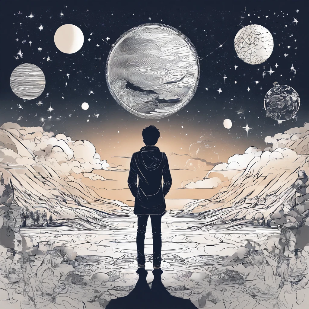 anime young boy standing in front of a Universe, inspired by Yamagata Hiro, inspired by Munakata Shikō, inspired by Okumura Masanobu, rin, inspired by Okumura Togyu, anime style”, shigenori soejima illustration,