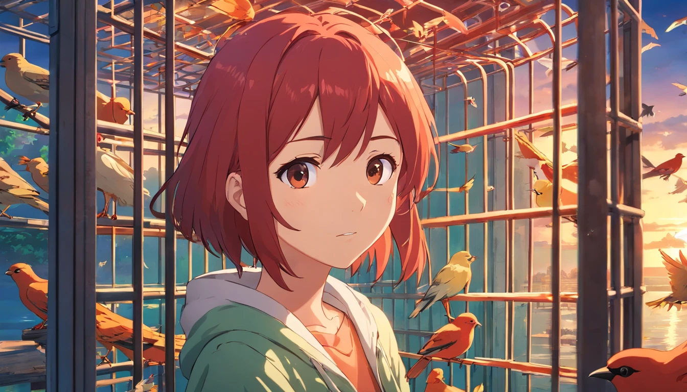 (obra prima) Red-haired girl inside a cage with birds