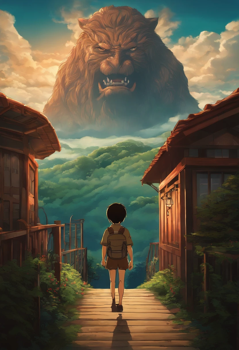 Make me a movie poster in the style of Studio Ghibli's Spirited Away with Attack on Titan's Eren Yaeger