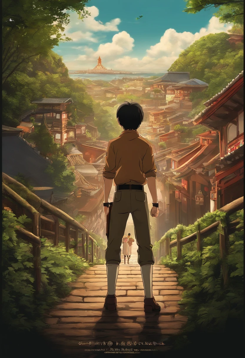 Make me a movie poster in the style of Studio Ghibli's Spirited Away with Attack on Titan's Eren Yaeger