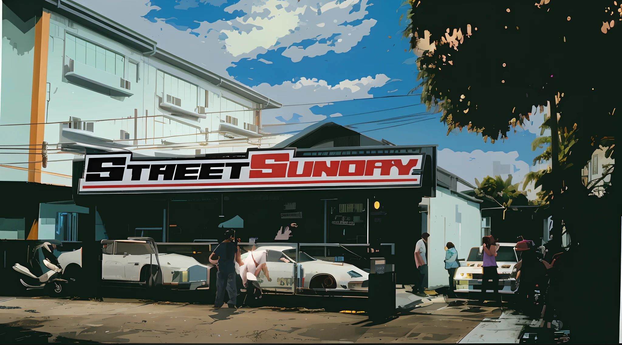 there are people standing outside of a store with cars parked in front, james gurney painting style, gta chinatown art style, style of gta v artworks, gta vice city art style, street scene, gta vice city style art, street background, in style of syd mead, gta iv art style, rob rey and kentaro miura style, gta chinatown wars art style