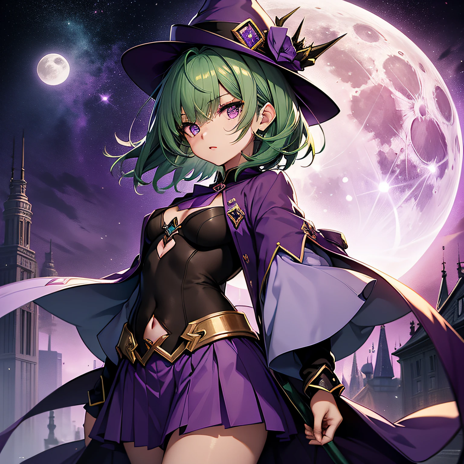 top-quality、extremely delicate and beautiful、(A teenage girl)、Purple Eye、Green hair、short-haired、(Purple pointy hat)、Purple tie、Soio、shortsleeves、Purple skirt、Purple Wizard Robe、Navel、is standing、Full moon night in the background