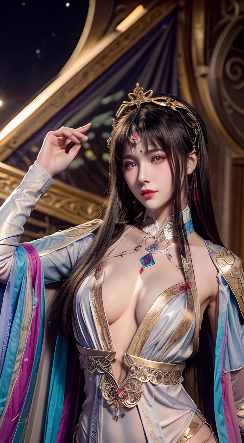 Portrait of a young 20-year-old saint in bikini, wearing bikini, wearing bikini, wearing bikini, see throughbikini, see through bikini, see through bikini, see through panty, see through panty, a saint with a beautiful and super cute face,Wearing a thin lingering with gold edging and glittering and sexy, Ao dai is studded with small sparkling pearls, beautiful cute face, Chinese cute doll, Ao dai with a deep slit in the chest and attractive black and white lace trim, beautiful face without blemishes, shut up, ((long hair seven colors rainbow:1.2)), big crown, hair brooch, hanfu dress, chinese ancient style, full body jewelry, forehead tattoo, The female saint's breasts are round and very full, breast augmentation, innocent face, The most beautiful and detailed light red lipstick, ((Thin plump lips:0.3)), ((Golden eyes:1.2)), The eyes are delicately decorated,(white and detailed) cinematic, light and dark, dramatic lighting, magical light, extremely detailed light, true color, super sharp, realistic, 8k quality, fantasy universe background, saints and magical space, the most detailed images, Solo, a saintess, ((looking directly at the saint's upper body:0.4)), ((smooth skin:0.5)), Extremely detailed pixels, super true, extremely detailed and complex graphics, the highest resolution, close-up portrait,
