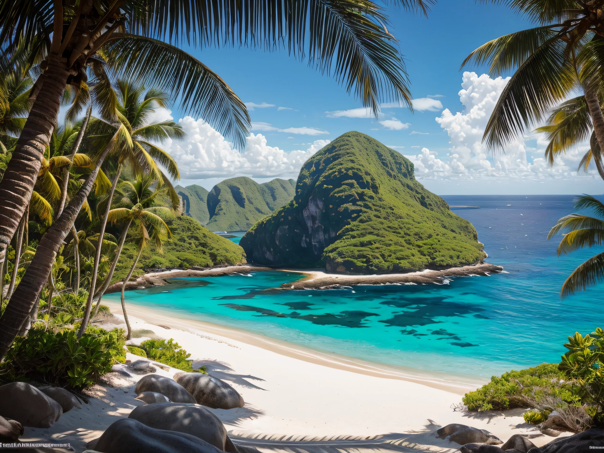 one half of island is sand, rock, arid, no trees, red fire, dark, cold air, best quality, ultra-detailed, realistic, vivid colors, studio lighting, HDR, 8k, masterpiece:1.2, the remaining half of the island, long luscious rainbow-colored sunshine, shining silver horn, beautiful butterfly wings, surrounded by blooming flowers, ethereal and magical atmosphere, fantasy art, dreamlike scenery, soft and warm color tones, (best quality, 4k, 8k,highest, masterpiece:1.2), ultra-detailed,(realistic, photorealistic, photo-realistic:1.37), HDR, UHD, studio lighting, ultra-fine painting, sharp focus, physically-based rendering, extreme detail description, professional, vivid colors, bokeh, wide angle shot , secluded, peaceful, tropical, serene, clear blue sky, crystal clear water, golden sand beach, swaying palm trees, coconut tree, seashells, coral reefs, sparkling ocean surface, lush green vegetation, rock formations, isolated paradise, island breeze, solitude, castaway, vibrant flora and fauna, uninhabited, untouched nature, tranquil waters, turquoise sea, gentle waves, luxuriant tropical rainforest, striking sunset, distant horizon, endless ocean, breathtaking beauty, natural serenity, arid landscape, desolate haven, pristine environment, natural escape, untamed beauty