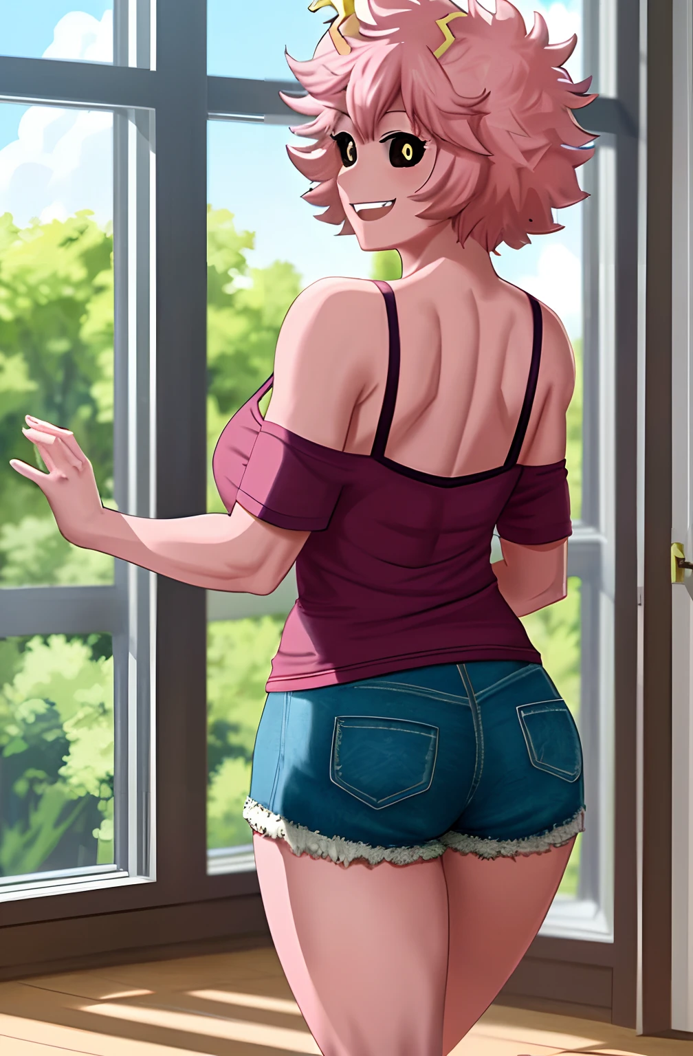 [mina ashido], [Boku no hero academia], ((masterpiece)), ((solo portrait)), ((back view)), ((cute)), ((High definition)), ((anime)), ((Kohei Horikoshi)), ((detailed shading)), ((intricate details)), {mina ashido; (pink skin), big round black eyes, yellow pupils, curly pink hair, short eyelashes, large boobs, beautiful legs), (excited smile), (white teeth), (blushing)}, {(pink off-shoulder tee shirt), denim short shorts, (slightly muscular legs)}, {(walking), (looking at viewer)}, [Background; (living room), (window), (sun rays)]