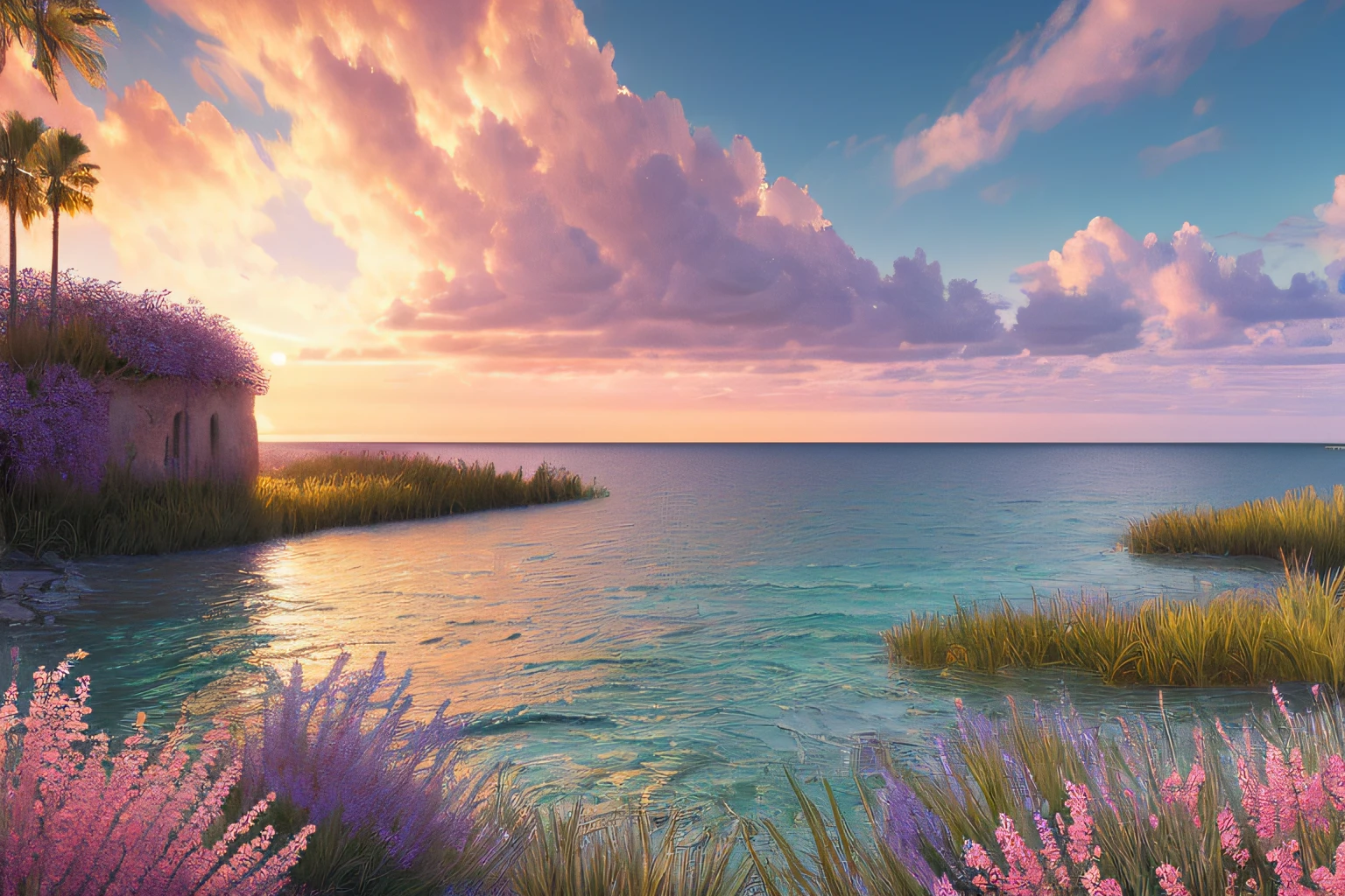 paysage mer, Eau,coucher du soleil,fleurs,(Highly detailed CG Unit 8k wallpaper), The most beautiful work of art in the world, Professional majestic oil painting, complexe, High detail, mise au point nette, dramatique, Art of photorealist painting,