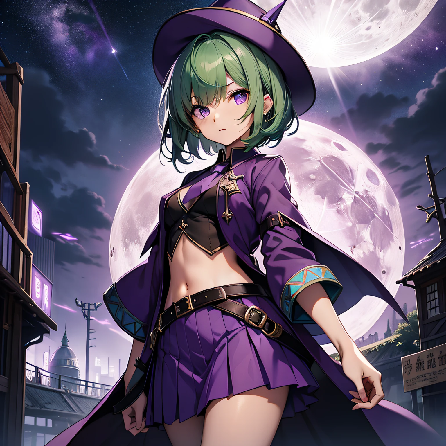 top-quality、extremely delicate and beautiful、(A  girl)、Purple Eye、Green hair、short-haired、(Purple pointy hat)、Purple tie、Soio、shortsleeves、Purple skirt、Purple Wizard Robe、Navel、is standing、Full moon night in the background