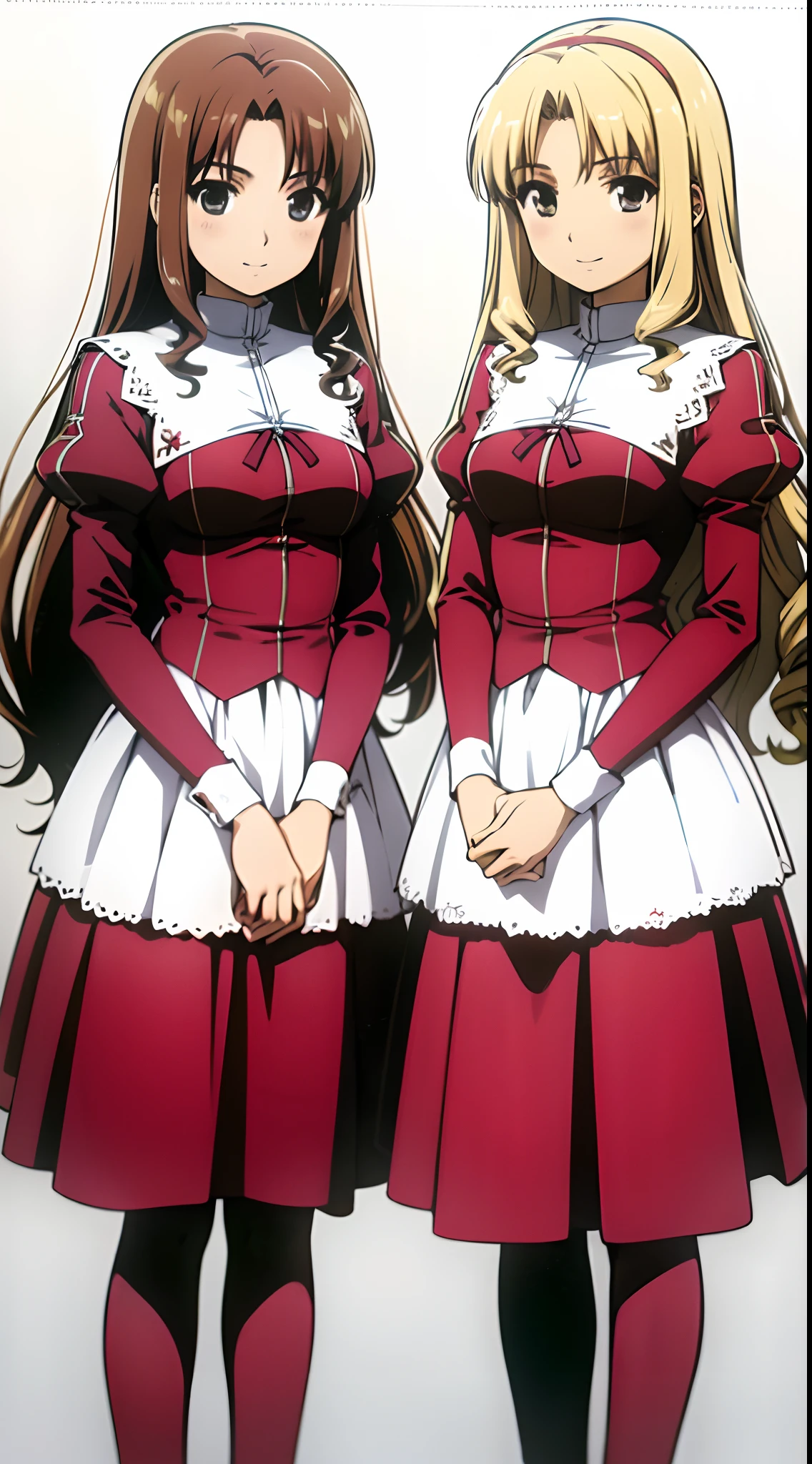 Masterpiece, high quality, 2girls, duo, twins, blonde hair, brown hair, curly hair, (one brown haired sister, one blonde sister, two sisters, matching hairstyles, different hair colors), hazel eyes, medium sized bust, ((matching outfits)), smile, flat_color, same height, duo pose, sister picture