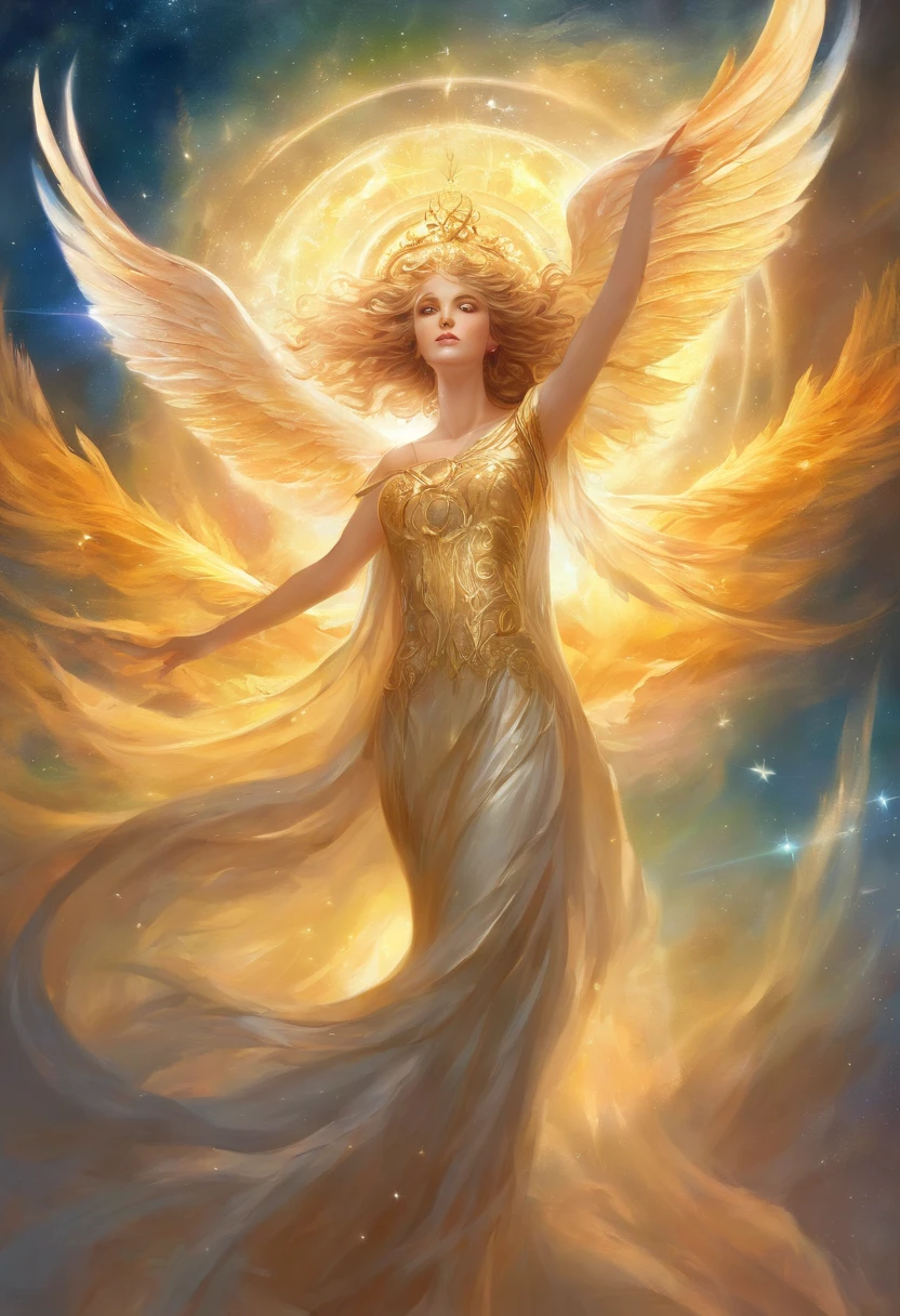 Em um reino celestial, Golden angelic beings radiate a soft, luminosidade divina. no centro, um anjo dourado masculino, com asas majestosas feitas de puro, ouro brilhante, begins to pulsate with intense cosmic energy. suas asas se abriram, Shining with a radiant glow embracing the entire universe.