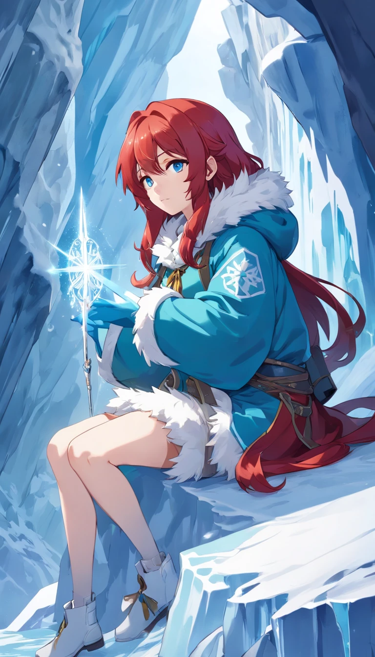(A cold woman in an ice shooter costume sits on the edge of an ice cliff,Archer with ice bow:1.2),(Red hair: 1.5),(Blue fluffy hood,blue colored eyes,White hair,Delicate and beautiful face:1.3),Fine and perfect anatomy,dynamicposes,snowy day,Fantasyart,There is a white wolf next to him,Background of glaciers,Beneath your feet are ice cliffs,blanche_Blue gradient rendering,Highest image quality,Highest high resolution,high detal,Object shadows,Dynamic light sources,Cloudy days,Screen dim,tmasterpiece,offcial art,Whole body diagram,The white wolf lay beside the woman,Detail portrayal of hair,,moonriver,tianqingniu,flower,1 girl