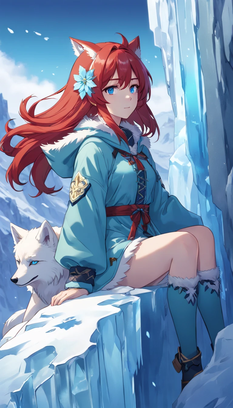 (A cold woman in an ice shooter costume sits on the edge of an ice cliff,Archer with ice bow:1.2),(Red hair: 1.5),(Blue fluffy hood,blue colored eyes,White hair,Delicate and beautiful face:1.3),Fine and perfect anatomy,dynamicposes,snowy day,Fantasyart,There is a white wolf next to him,Background of glaciers,Beneath your feet are ice cliffs,blanche_Blue gradient rendering,Highest image quality,Highest high resolution,high detal,Object shadows,Dynamic light sources,Cloudy days,Screen dim,tmasterpiece,offcial art,Whole body diagram,The white wolf lay beside the woman,Detail portrayal of hair,,moonriver,tianqingniu,flower,1 girl