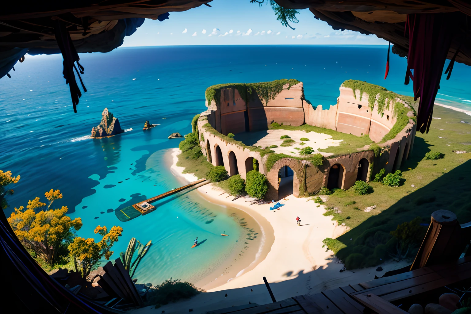 tachism, desert-islands, (from above:1.2), underwater cave in collapsed pirate ship, broke-wooden-house and tangled ivy and weeds, big rock, hyper real, solemnity atmosphere,