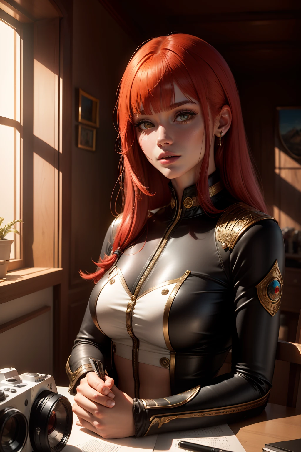 Makima, do homem da motosserra, There is a table in a room with a window and a lamp, Makima is sitting at her desk, jaleco branco, red hair, olhos amarelos brilhantes, Rosto detalhado, soft lips, pele macia, Rosto extremamente detalhado, qualidade perfeita, pele e cabelo molhados, soft medium breasts, red hair, moda realista, high-definition sysie details, fotografia , agudeza, unique 850 4, Koda850 k portrait camera, F1.6 lentes, cores ricas, textura super realista, textura de luz espetacular, arte surreal, Cinestil 800 mecanismo de moda, Moody