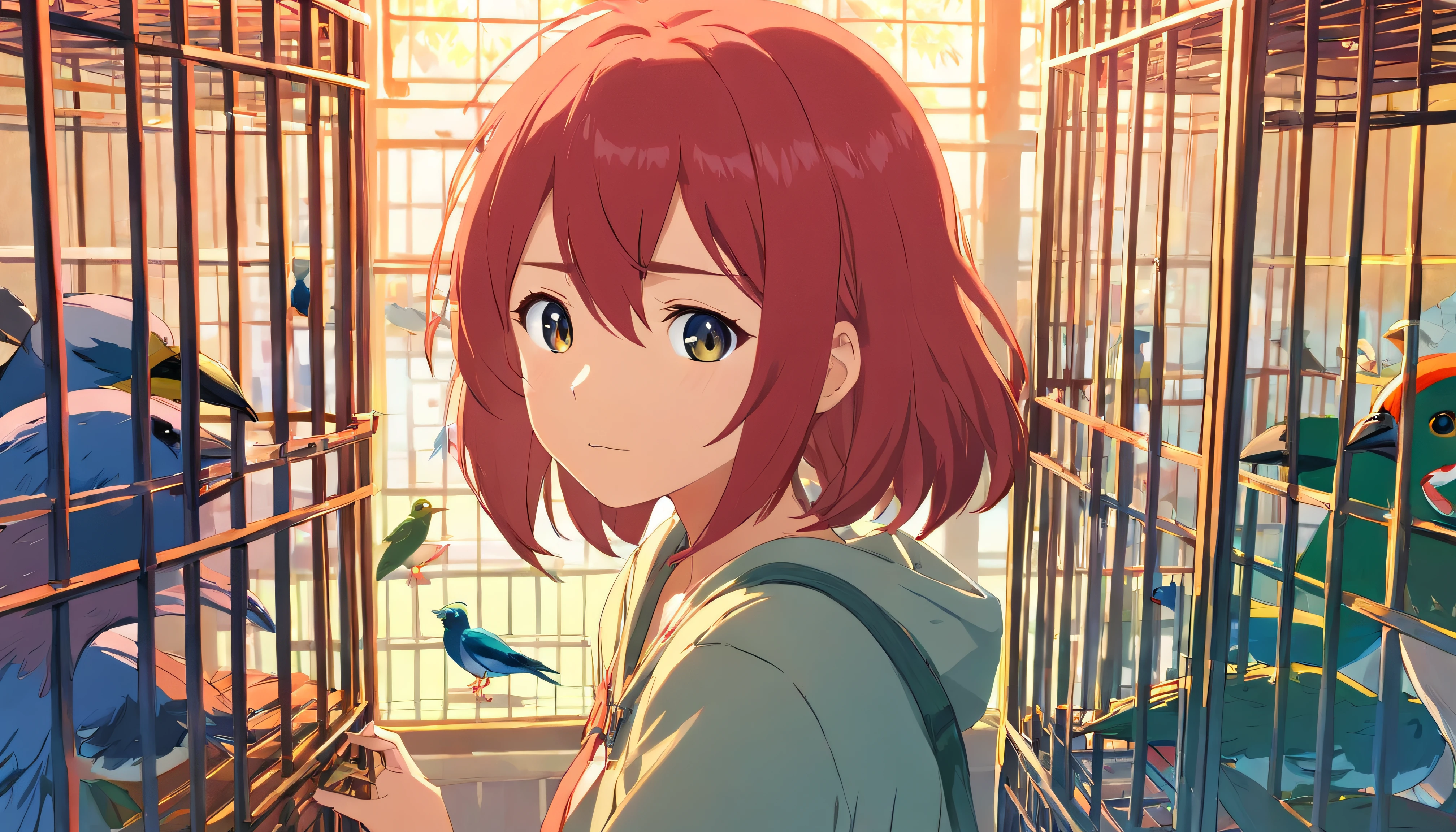 (obra prima) Red-haired girl inside a cage with birds