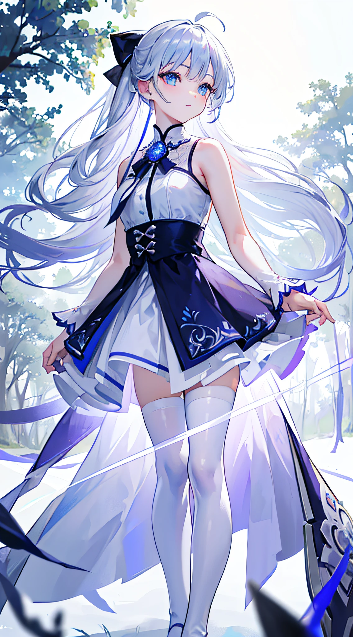 (best quality,4k,8k,highres,masterpiece:1.2),ultra-detailed,(realistic,photorealistic,photo-realistic:1.37),HDR,UHD,studio lighting,ultra-fine painting,sharp focus,physically-based rendering,extreme detail description,professional,vivid colors,bokeh,girl,grey hair,ahoge,hair over shoulder,side swept bangs,hair spread out,hair bow,blue-violet irises,crystal-clear eyes,white sleeveless dress,white stockings,pale blue boots,standing in grassy field,portraits,soft color palette,natural lighting