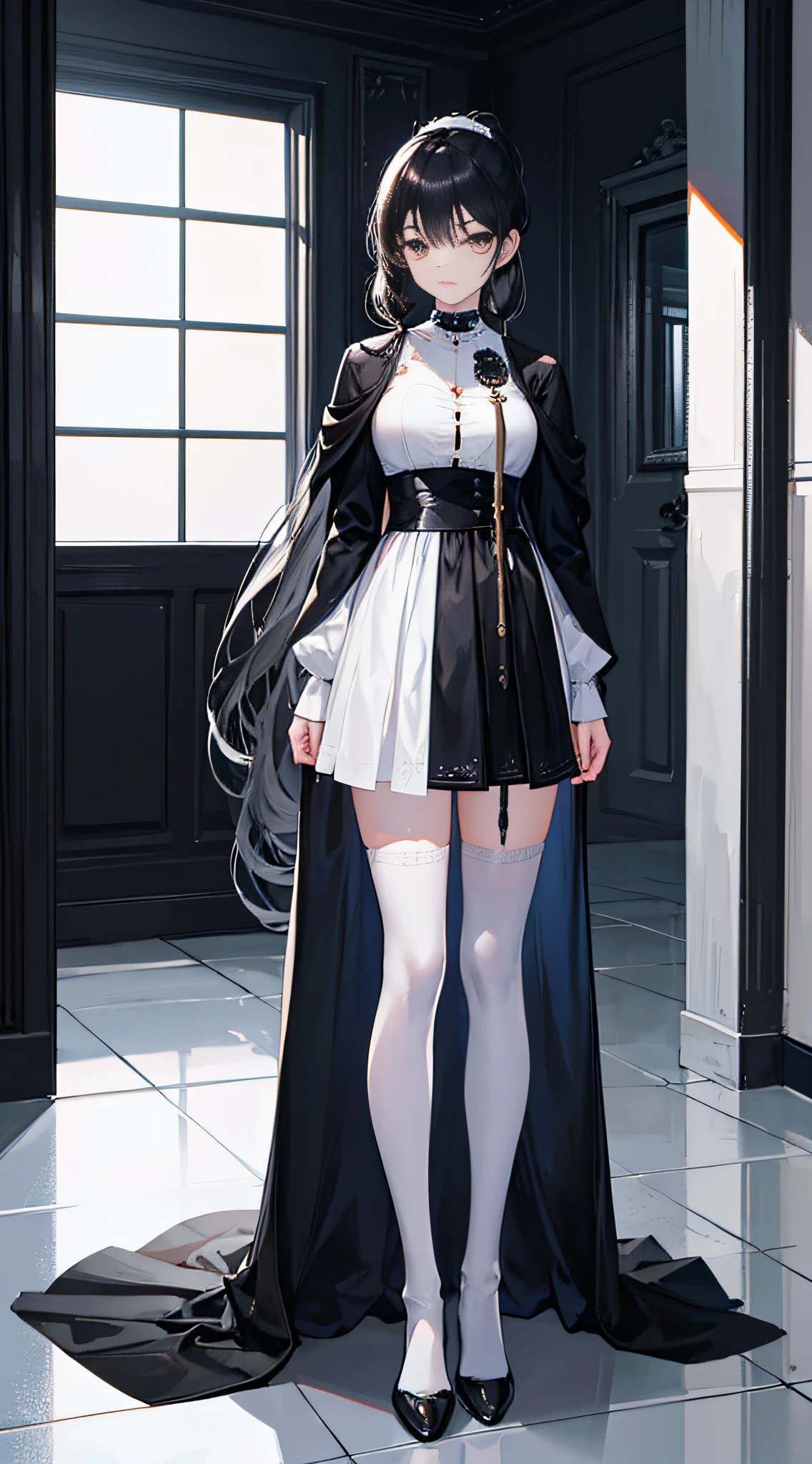 Black hair girl with black eyes, Wearing a white suit and black cape, Standing in the doorway. she has a ponytail,Long hair ran down his back. She finished her dress with white stockings and black ankle boots.
The image should be of the best quality, The resolution is 4K, 8K, or higher. Details should be ultra-detailed and realistic, Even realistic. Lighting should be done professionally, Features studio lighting and clear focus. The color should be bright,The painting should have a physically based rendering. The overall tone of the image should be on the dark side, With a touch of mystery.
The artistic style of this technique should focus on portraiture or conceptual art. It should capture the elegant and mysterious presence of the girl,At the same time, Highlight her features. The image should convey a sense of intrigue and grab the viewer's attention.