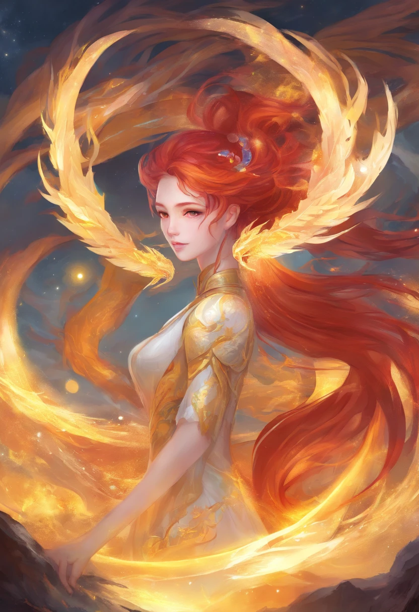 Anime girl dragon with red hair and yellow eyes