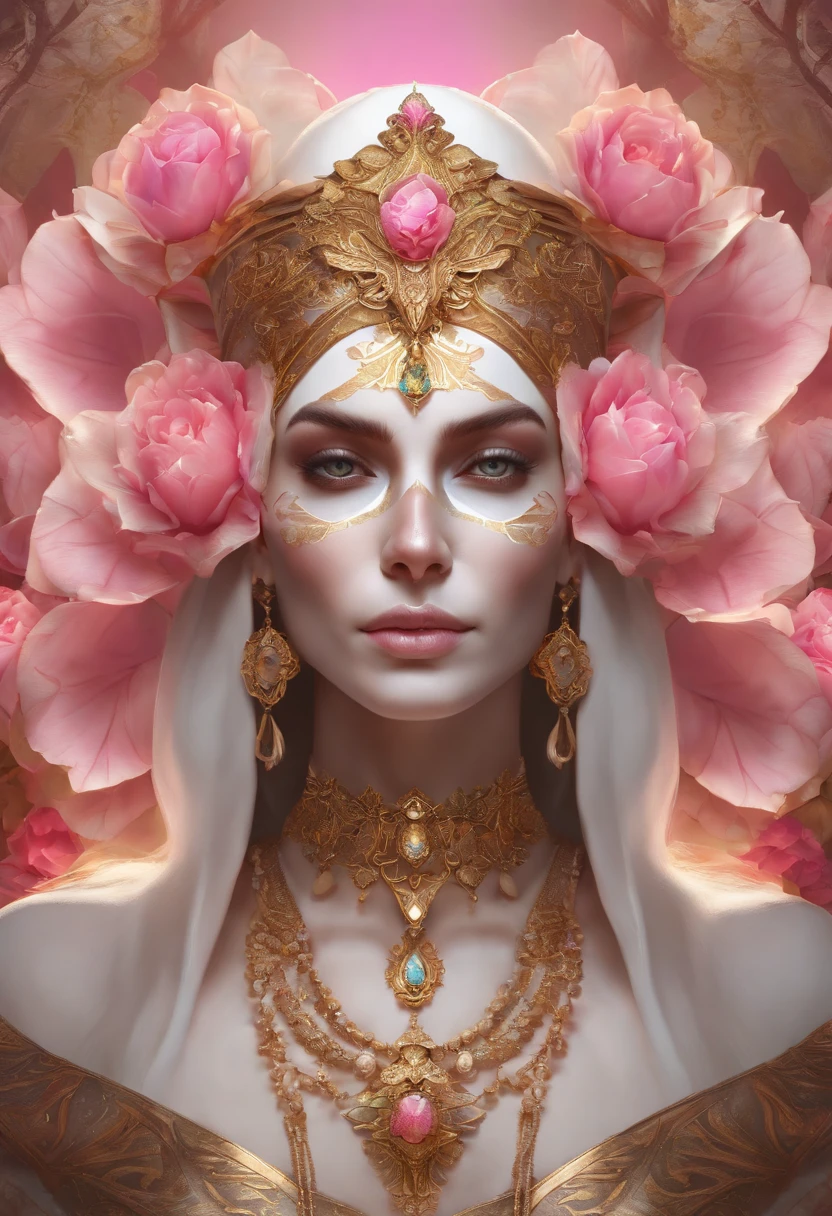 (symmetry:1.1) (portrait of floral:1.05) a woman as a beautiful goddess, (assassins creed style:0.8), pink and gold and opal color scheme, beautiful intricate filegrid facepaint, intricate, elegant, highly detailed, digital painting, artstation, concept art, smooth, sharp focus, illustration, art by greg rutkowski and alphonse mucha, 8k
