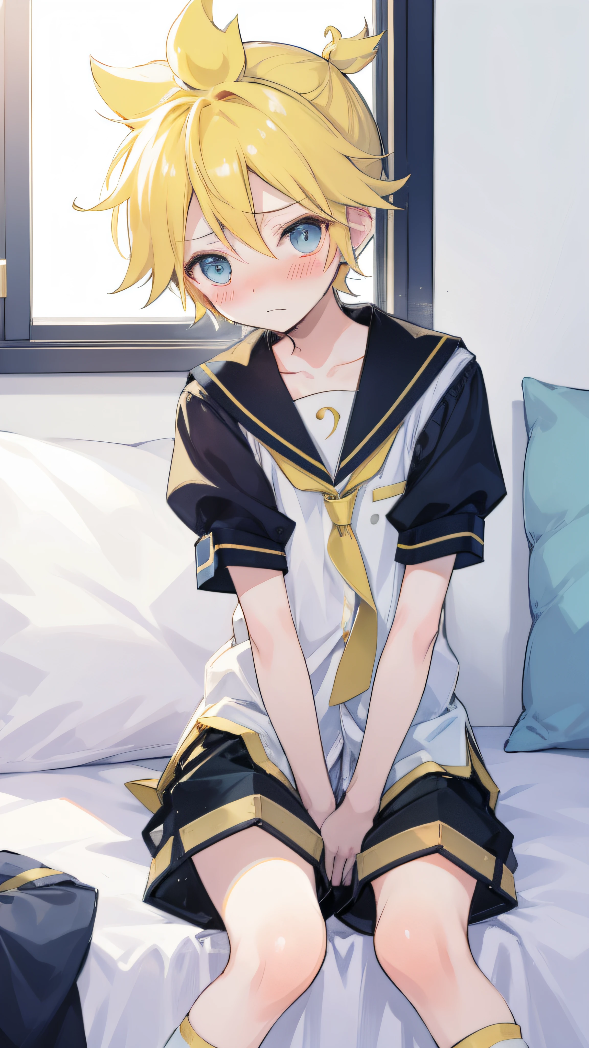 one boy, Kagamine Len, sailor uniform, short pants, sitting on bed, (blush), cowlick, cool, handsome, (embarrassed)